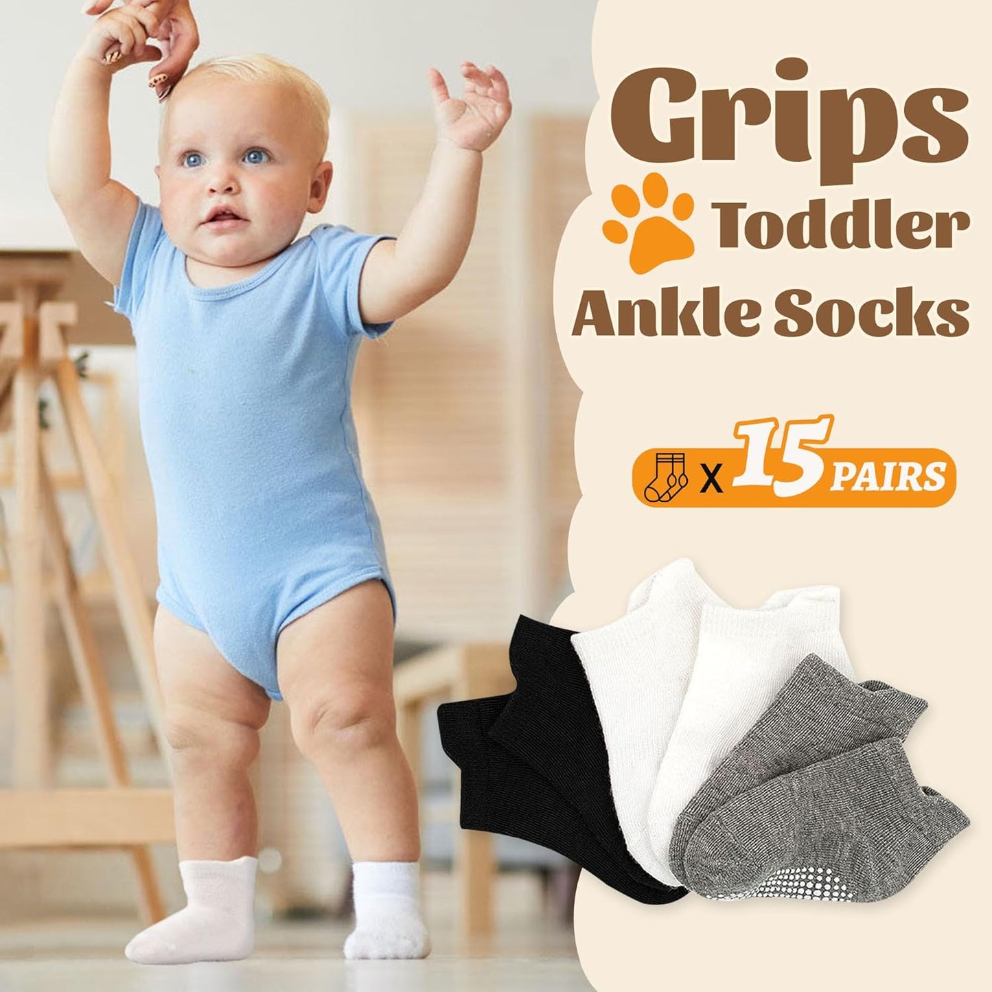Non-Slip Toddler Socks 15 Pairs Non Skid Low Cut Socks for 1-7 Years anti Skid Ankle Sock for Baby Kids Boys Girls