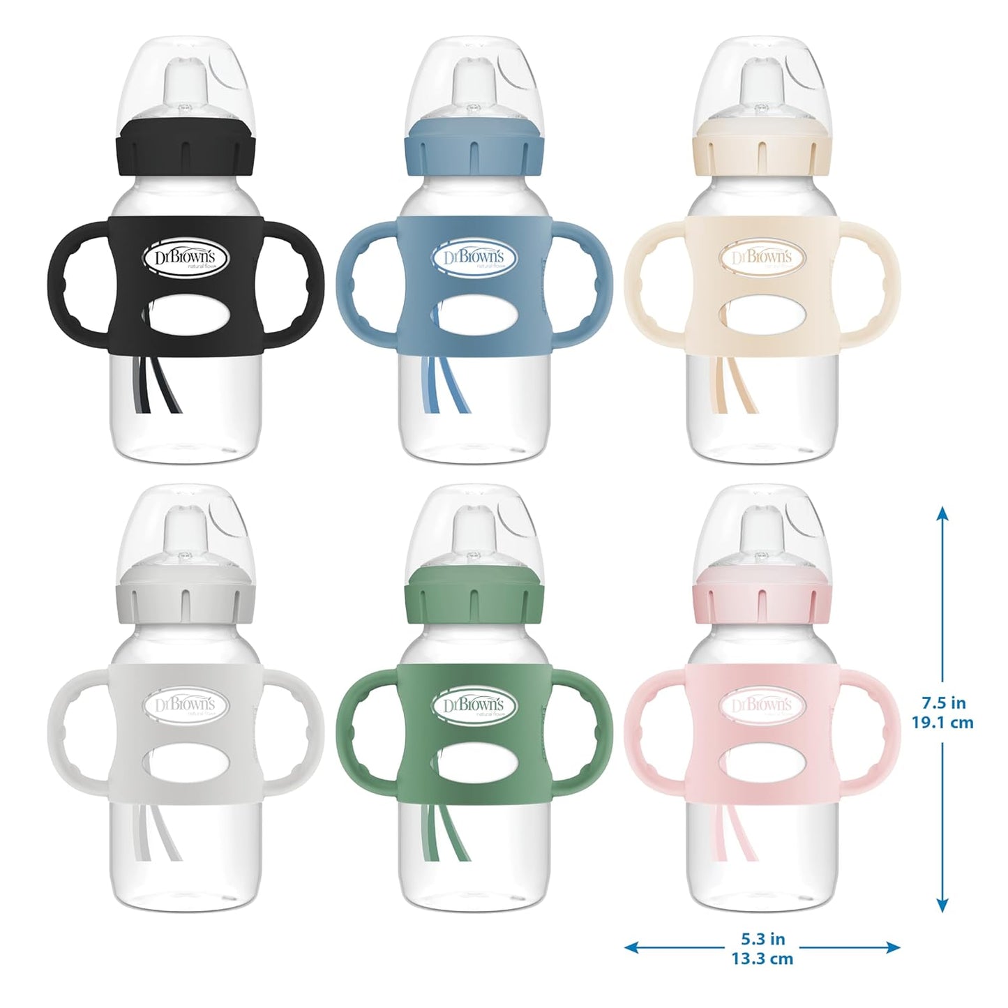 Milestones Wide-Neck Sippy Spout Bottle with 100% Silicone Handles, Easy-Grip Handles with Soft Sippy Spout, 9Oz/270Ml, Green & Gray, 2-Pack, 6M+