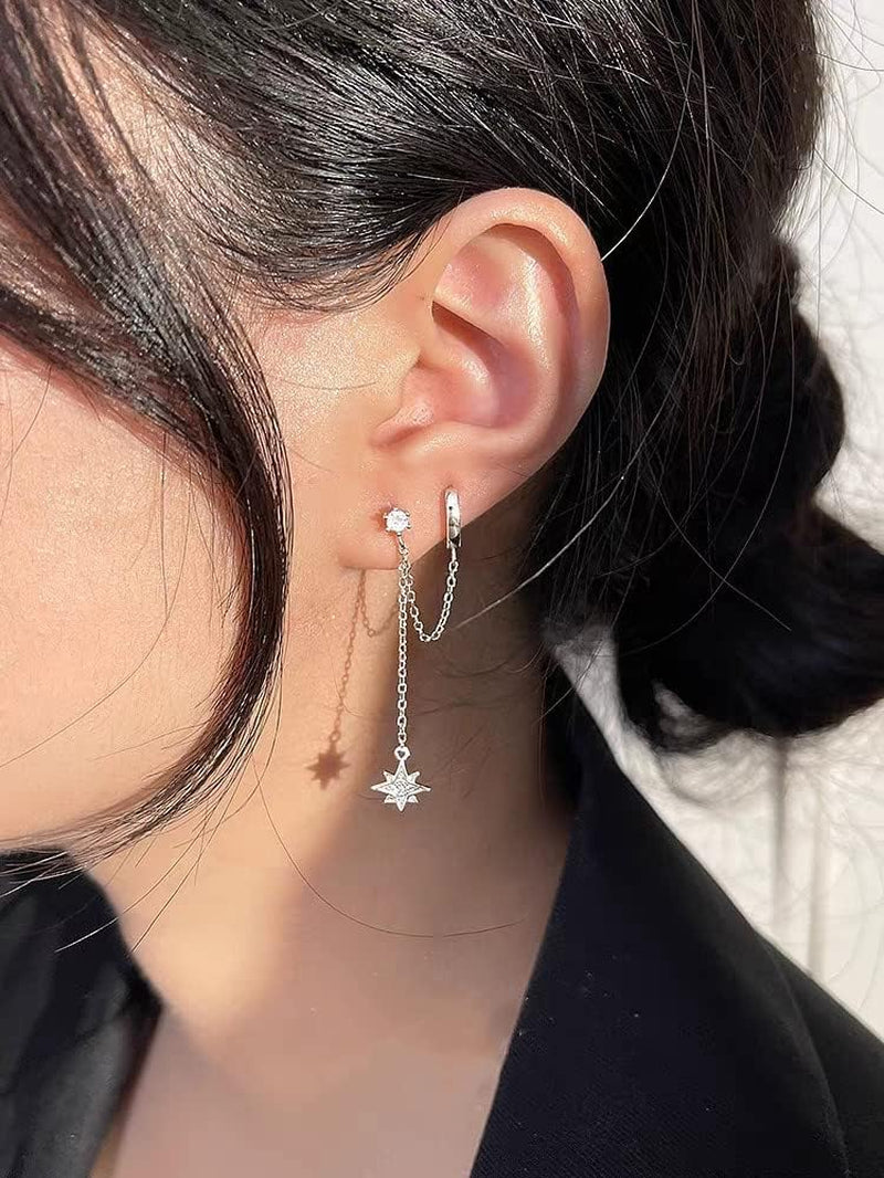 Star 925 Sterling Silver Double Piercing Earrings Huggie Cuff Chain for Women Teen Girls 2 Holes CZ Charm Dangle Drop Small Hoop Earrings Cartilage Climber Jewelry