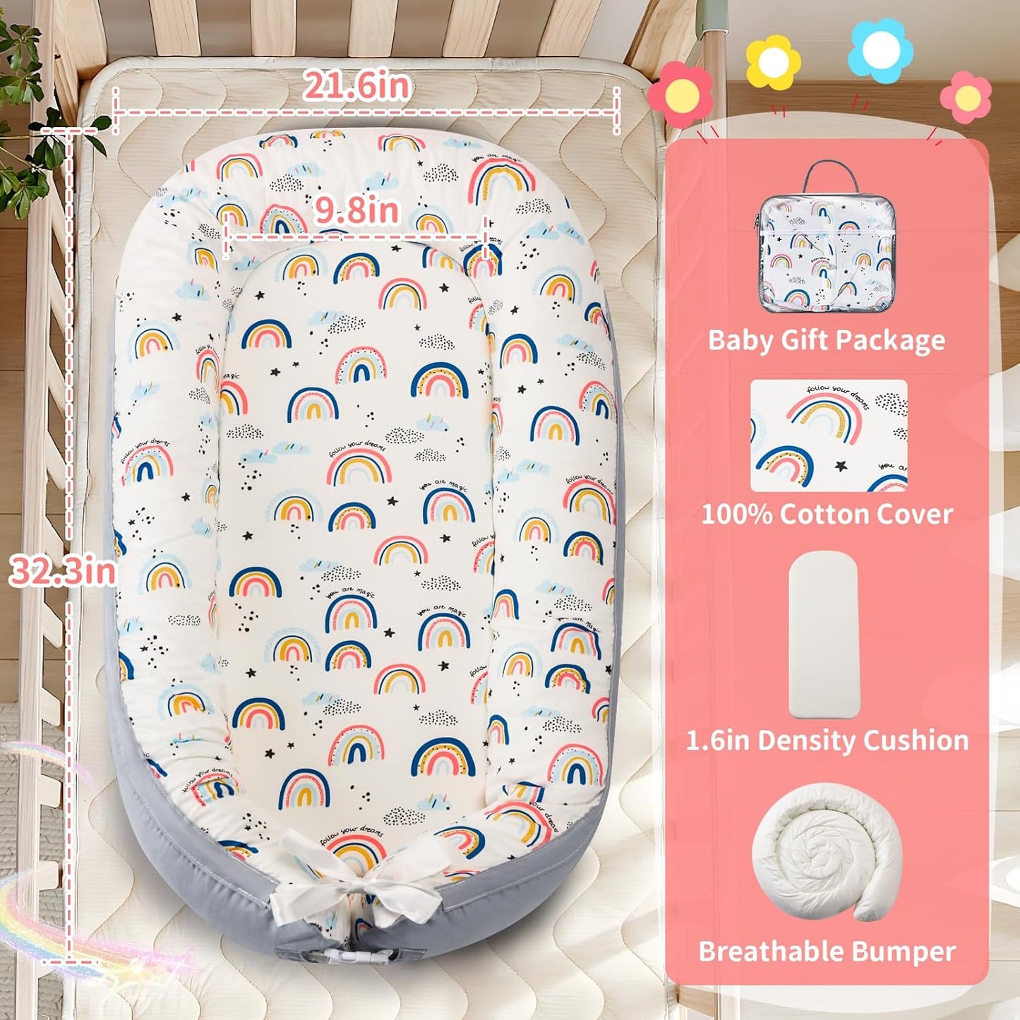 Baby Lounger- Baby Nest for 0-24 Months, Ultra Soft Organic Cotton Breathable & Portable Baby Lounger, Baby Lounger Pillow for Newborn (Rainbow)
