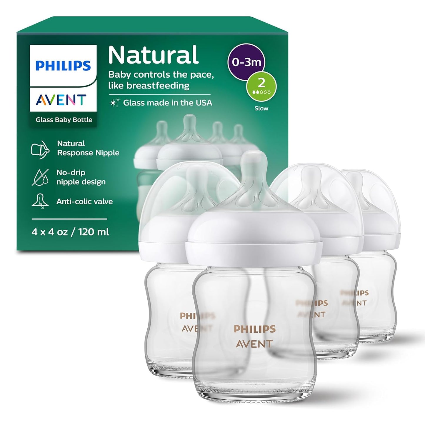 Philips Natural Glass Baby Bottles with Natural Response Nipples (Slow Flow, Flow 2), 4Oz, 4-Pack, SCY910/04