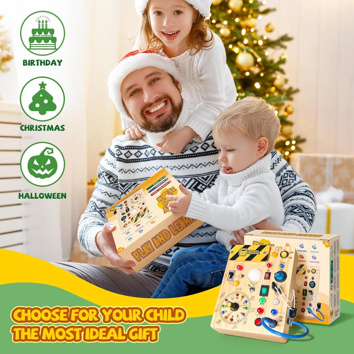 Busy Board,Montessori Toys for 1-3 Years Old, Wooden Toddler Toys, Sensory Travel Toys, Ideal Gift for 1+ Year Old Boys (Busy Board plus V2), Medium, Yellow