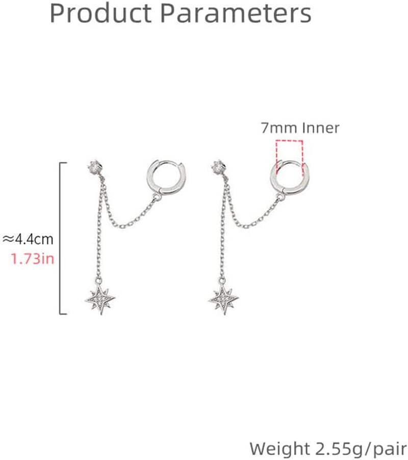 Star 925 Sterling Silver Double Piercing Earrings Huggie Cuff Chain for Women Teen Girls 2 Holes CZ Charm Dangle Drop Small Hoop Earrings Cartilage Climber Jewelry