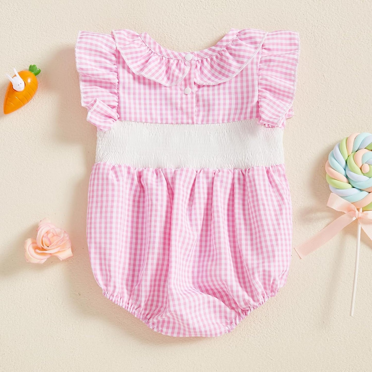 Newborn Baby Girl Smocked Romper Embroidery Peter Pan Collar Ruffle Sleeve Bubble Bodysuit Summer Outfit