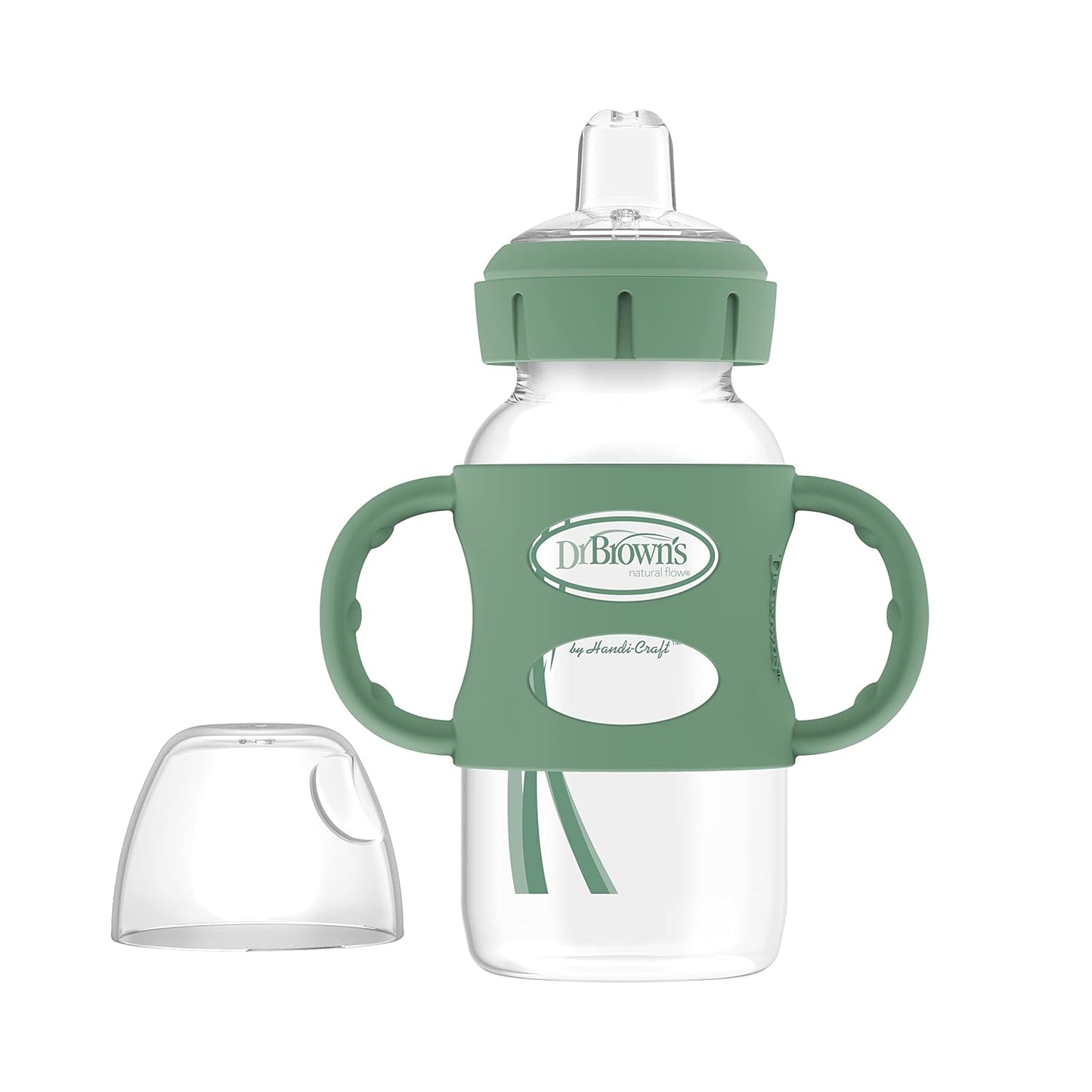 Milestones Wide-Neck Sippy Spout Bottle with 100% Silicone Handles, Easy-Grip Handles with Soft Sippy Spout, 9Oz/270Ml, Green & Gray, 2-Pack, 6M+