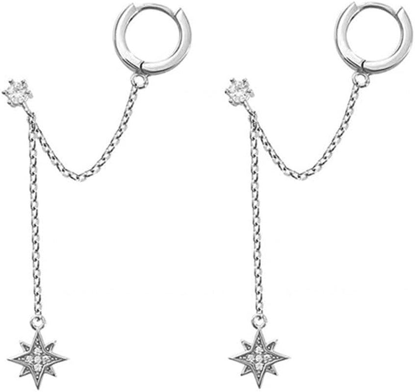 Star 925 Sterling Silver Double Piercing Earrings Huggie Cuff Chain for Women Teen Girls 2 Holes CZ Charm Dangle Drop Small Hoop Earrings Cartilage Climber Jewelry