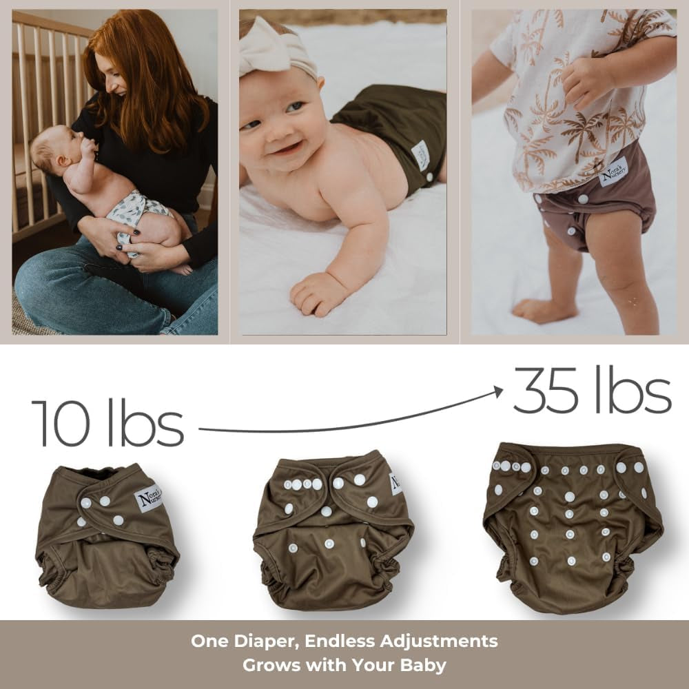 Cloth Diaper Cover, Washable Reusable Diaper Cover with Snap Closure, Flat or Fitted - 7 Pack with Wet Bag - Hickory