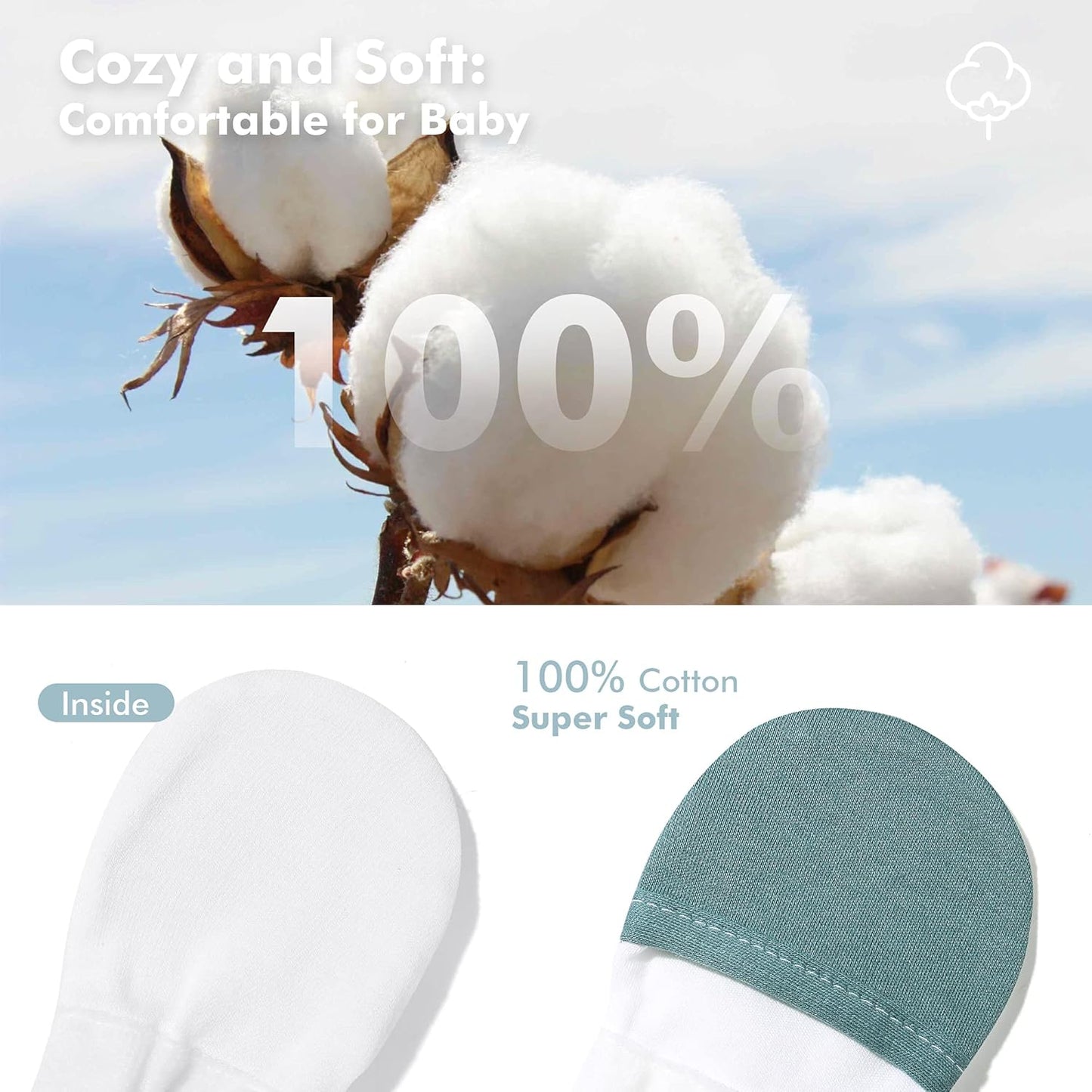 Baby No Scratch Mittens Stay On, 100% Cotton Breathable, Adjustable Infant Gloves for Boys Girls, Newborn - 12 M