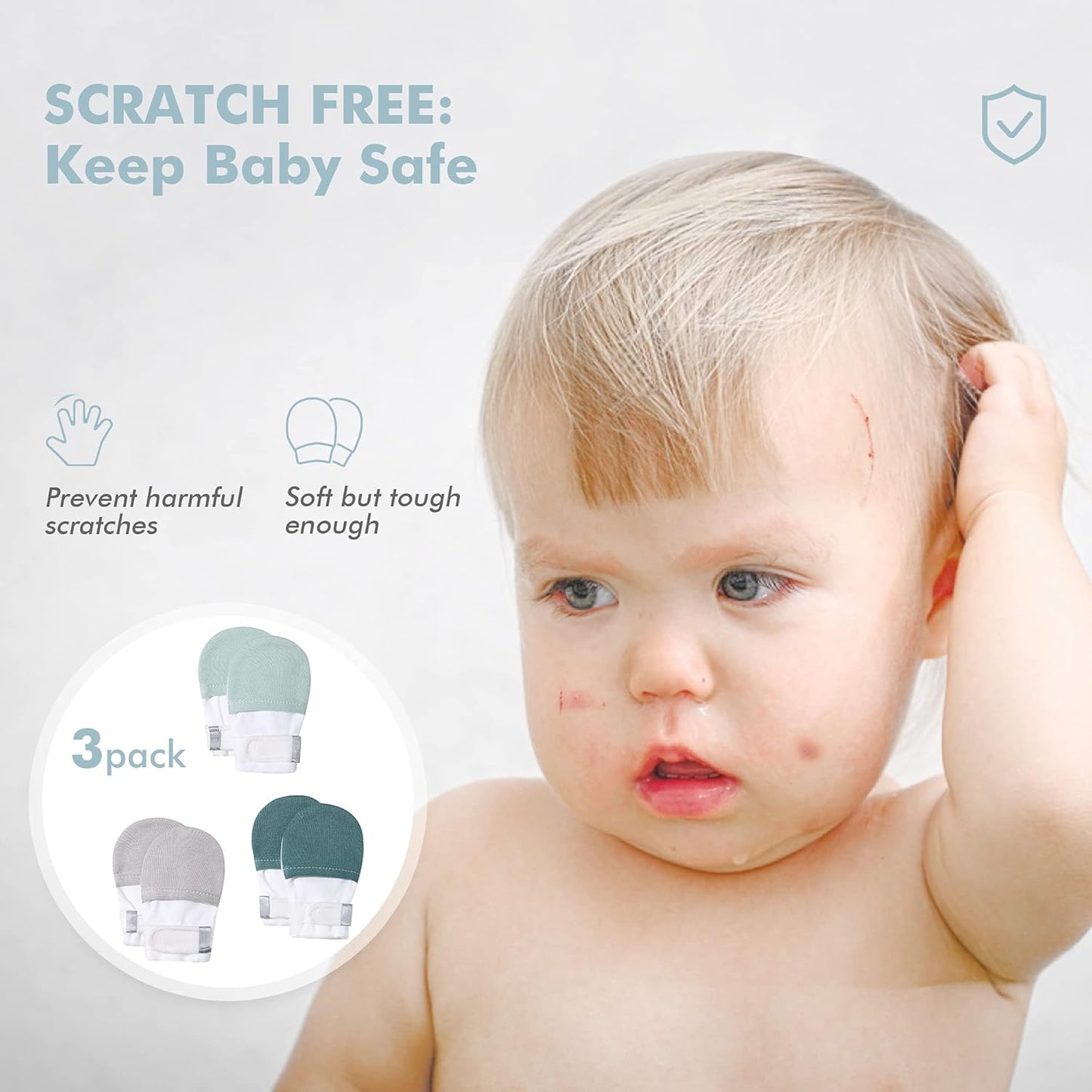 Baby No Scratch Mittens Stay On, 100% Cotton Breathable, Adjustable Infant Gloves for Boys Girls, Newborn - 12 M