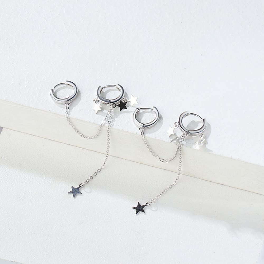 Star Double Piercing Ear Cuff 925 Sterling Silver Earrings CZ Dainty Dangle Drop Tassel Huggie Small Cartilage Hoop Chain Threader Crawler Climber Earrings for Women Teen Girls Sensitive Ear Two
