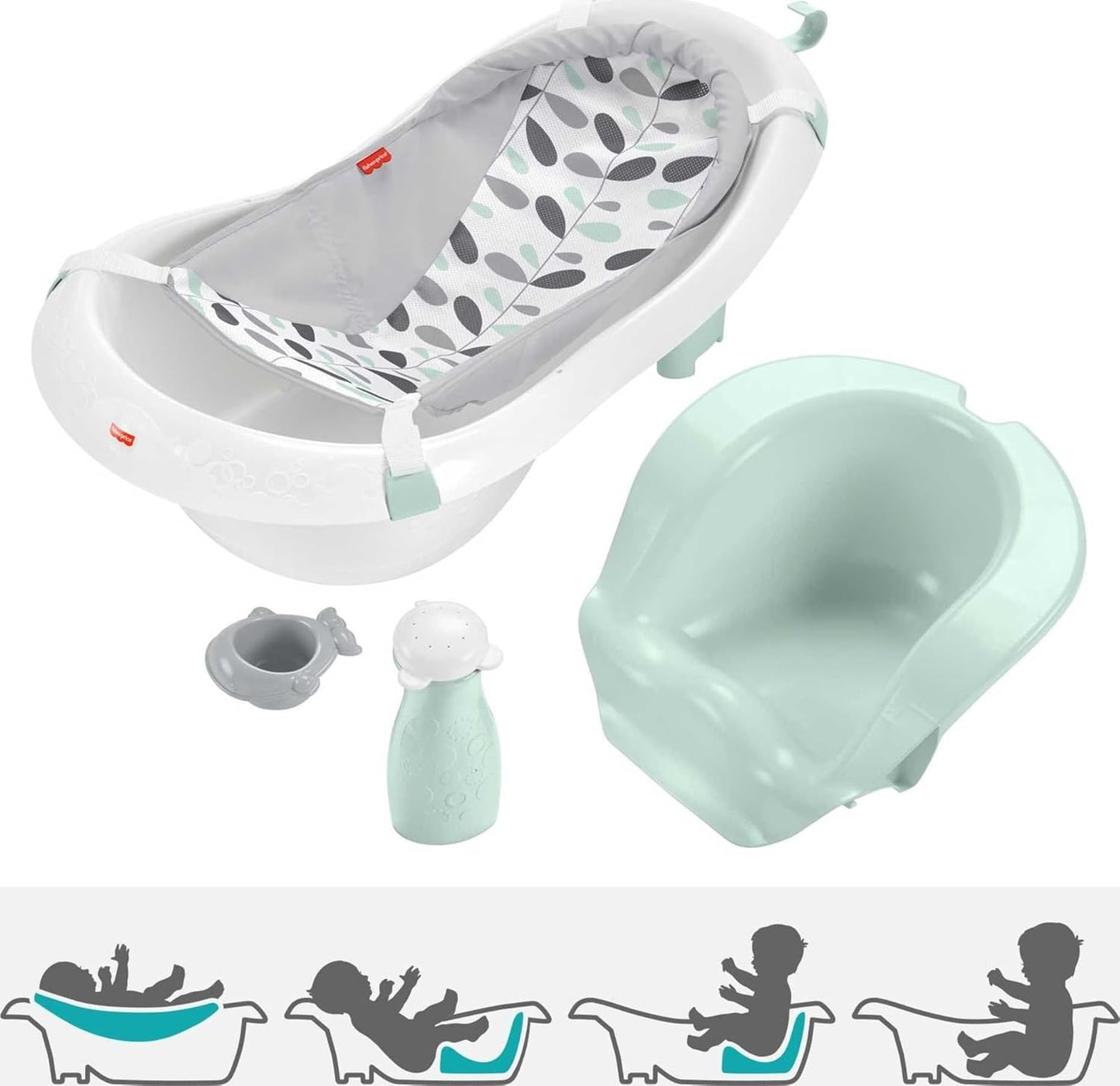 Baby to Toddler Bath 4-In-1 Sling ‘N Seat Tub with Removable Infant Support and 2 Toys, Climbing Leaves