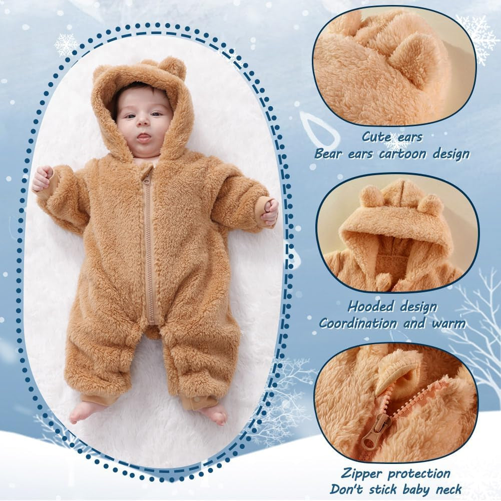 Newborn Baby Bear Onesie Outfit Suit Girls Boys Fleece Jumpsuit Romper Hooded Winter Snowsuit Clothes