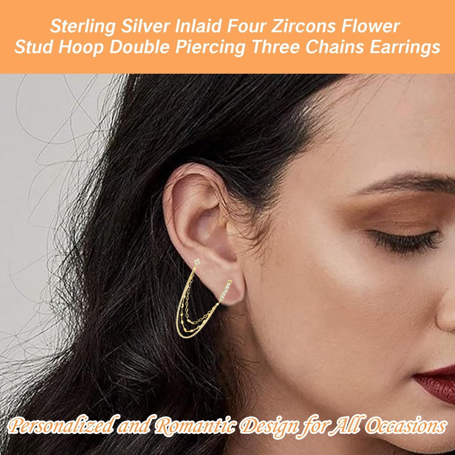Chain Earrings for Double Piercing Gold Dangle Earring Set with 3 Chains Connected Stud for Pierced Ears Hoop Earrings for Women Two Holes Piercings Flower Stud and Chain Jewelry