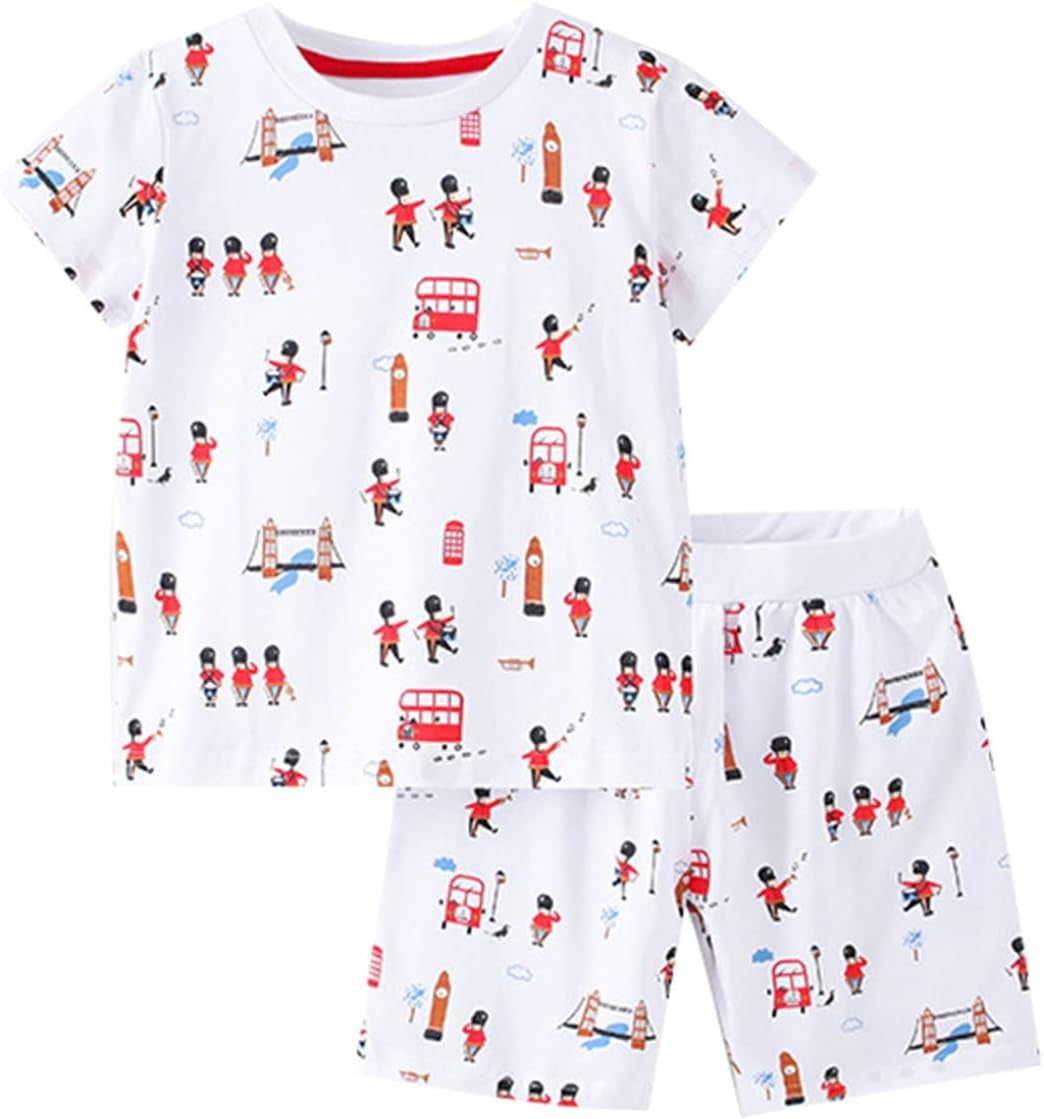 Children'S Boys Summer Dress Short Sleeve Top + Shorts Printed Cotton 2 Piece Set Kids Clothes (White, 4-5 Years)