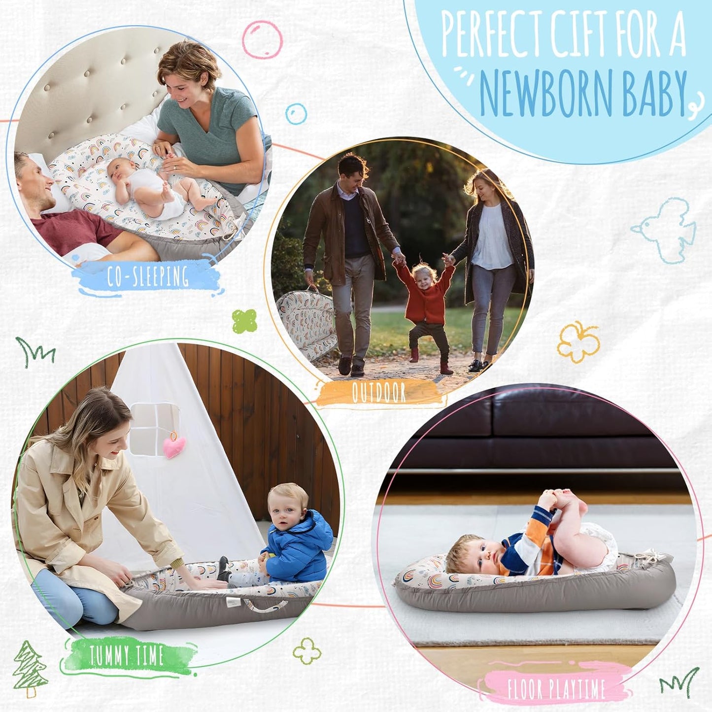 Baby Lounger for Newborn, Detachable Mosquito - Newborn Lounger Cover for 0-24 Months, Breathable & Portable Infant Lounger - Soft Baby Floor Seat Cover for Travel, Newborn Essentials - Grey