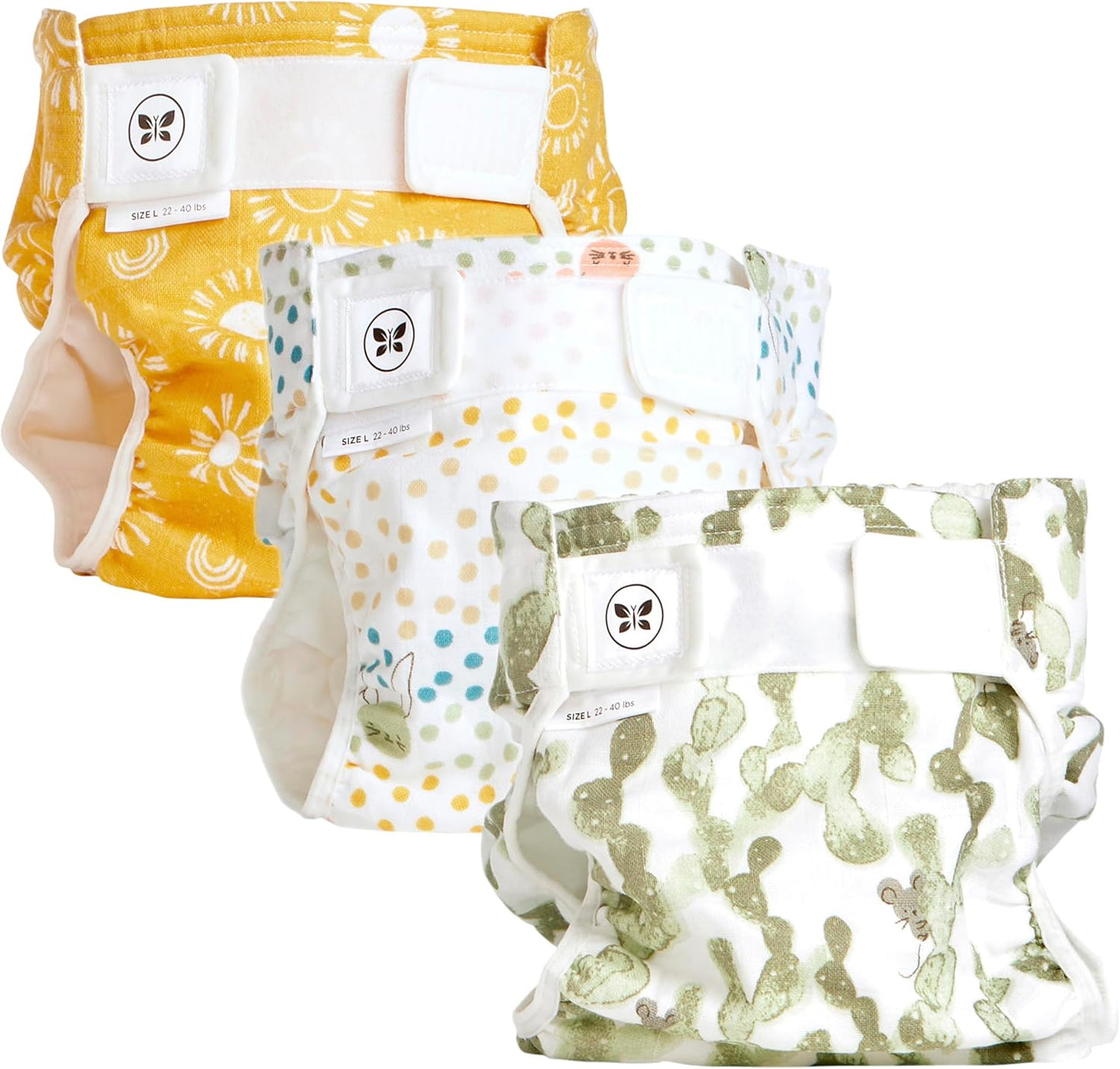 Hybrid Cloth Diaper Covers with Pocket-Sling, Large (22-40 Lbs), Stops Nighttime Leaks, Use with Boosties Disposable Diaper Pad or Reusable Insert, 3 Pack of Cotton Muslin Covers