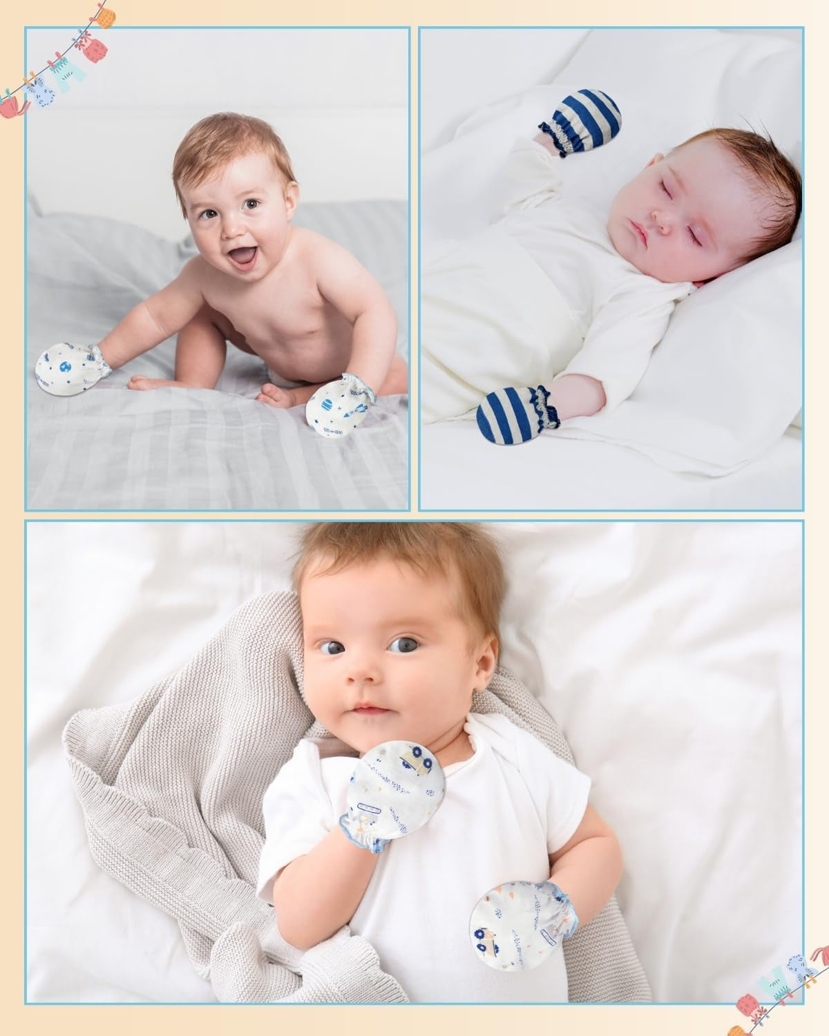 No Scratch Mittens and Caps 100% Cotton for Newborn Baby 0-6 Months Boys Girls