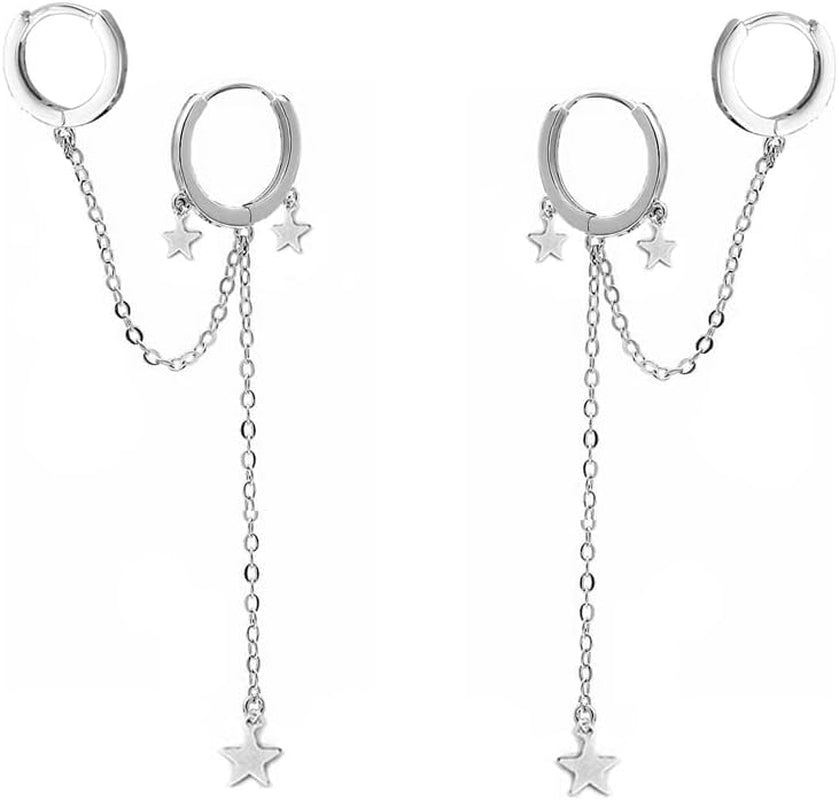 Star Double Piercing Ear Cuff 925 Sterling Silver Earrings CZ Dainty Dangle Drop Tassel Huggie Small Cartilage Hoop Chain Threader Crawler Climber Earrings for Women Teen Girls Sensitive Ear Two
