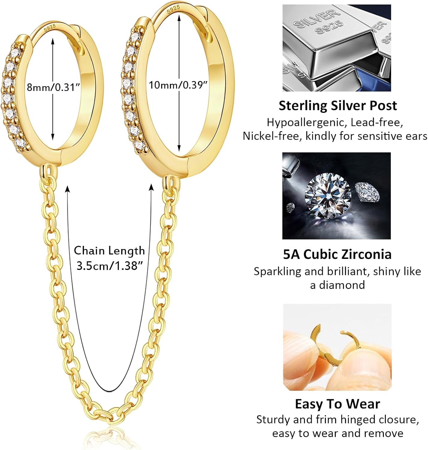Small Huggie Hoop Earrings for Women, 14K Gold Plated Sterling Silver Post Chain Hoops Hypoallergenic Dangle Drop Earrings
