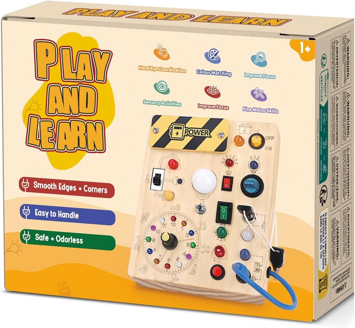 Busy Board,Montessori Toys for 1-3 Years Old, Wooden Toddler Toys, Sensory Travel Toys, Ideal Gift for 1+ Year Old Boys (Busy Board plus V2), Medium, Yellow