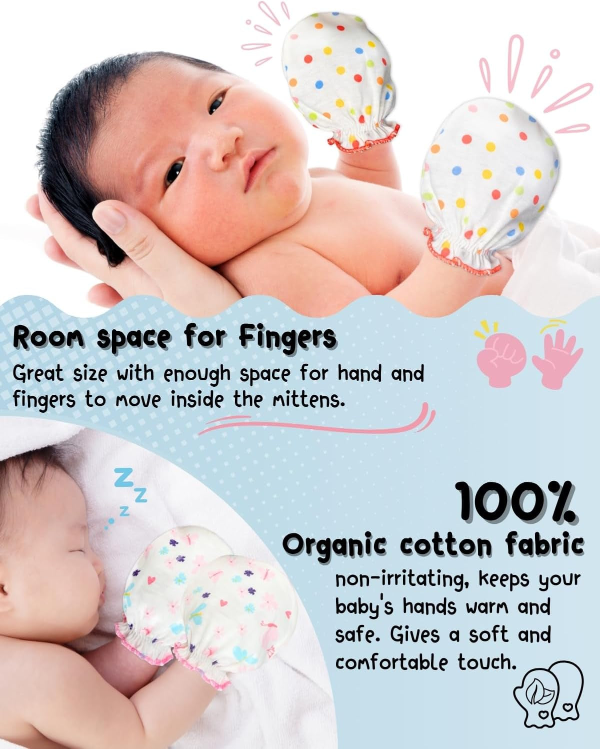 No Scratch Mittens and Caps 100% Cotton for Newborn Baby 0-6 Months Boys Girls