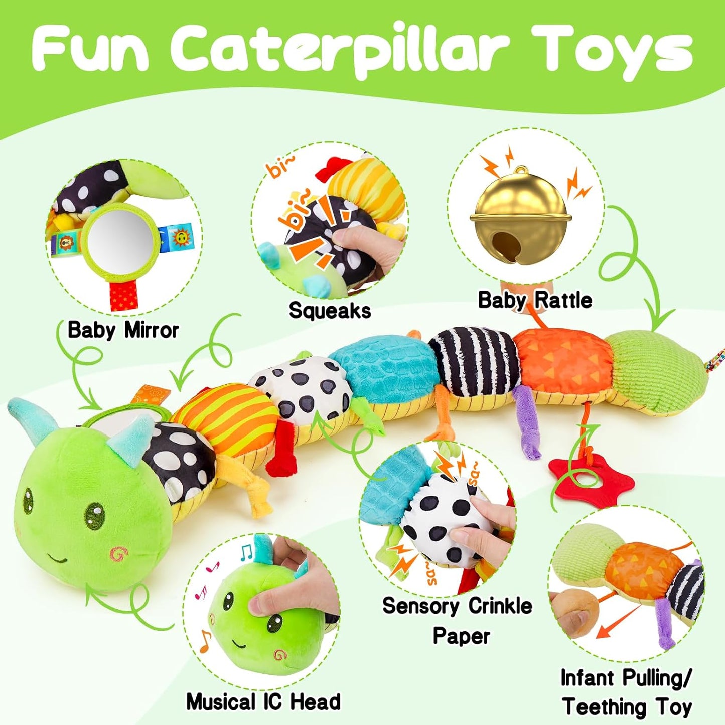 Baby Sensory Toy 0-6 Month Music Animal Stuffed Plush Caterpillar Toy for Infant 0-3-6 Month Tummy Time with Baby Mirror Crinkle Rattle for 6-12 Month Easter Toy for Newborn Boys Girls Birthday Gifts