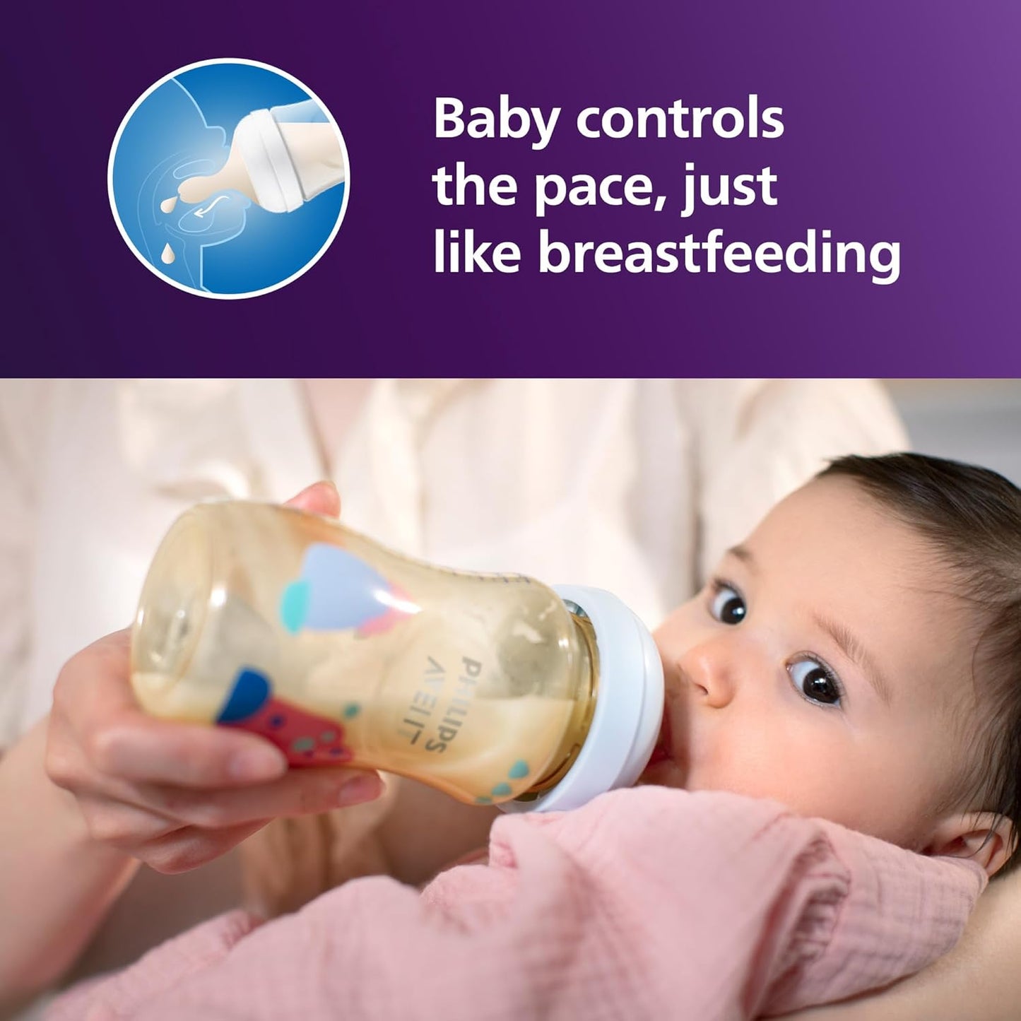Philips PPSU Natural Baby Bottles with Medium Flow Nipples (Flow 3), 9Oz, with Decoration, 2-Pack, SCY943/02