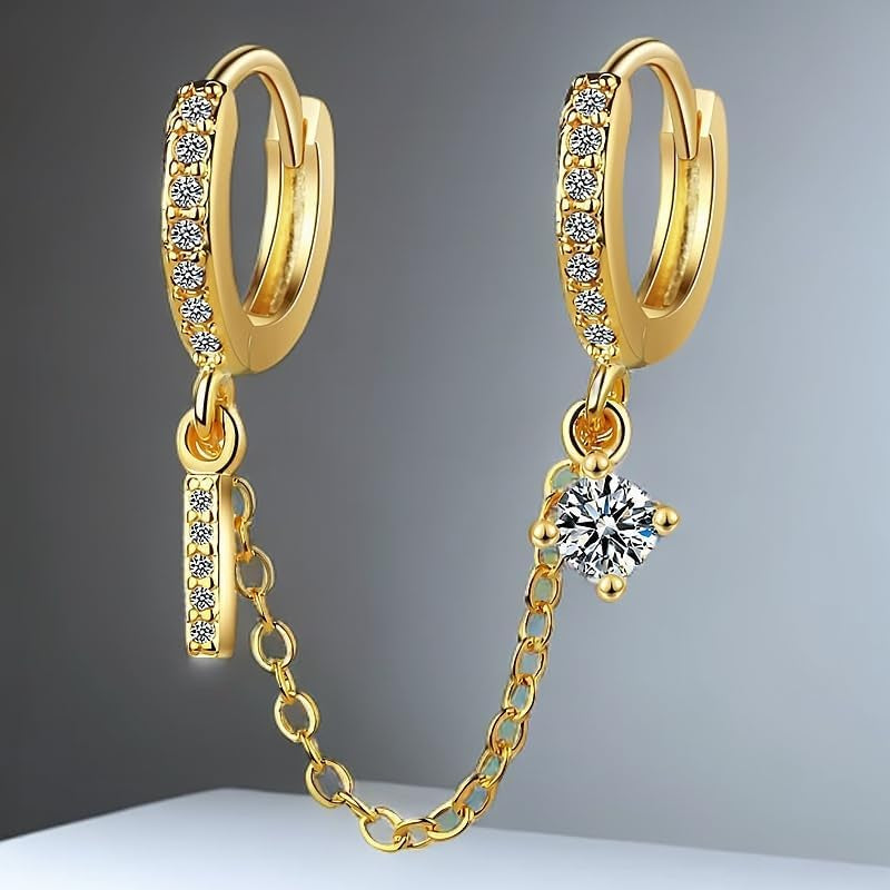 Small Huggie Hoop Earrings for Women Double Piercing Earrings Gold Silver Dangle Chain Cubic Zirconia Stud Ear Cuff Earring Summer Jewelry 