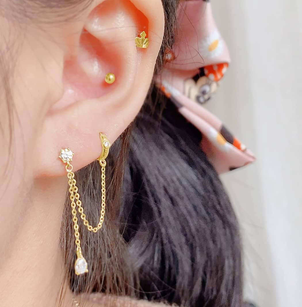Sterling Silver Double Piercing Earrings - Huggie Hoops with Chain, Droplet Dangle Design for Women