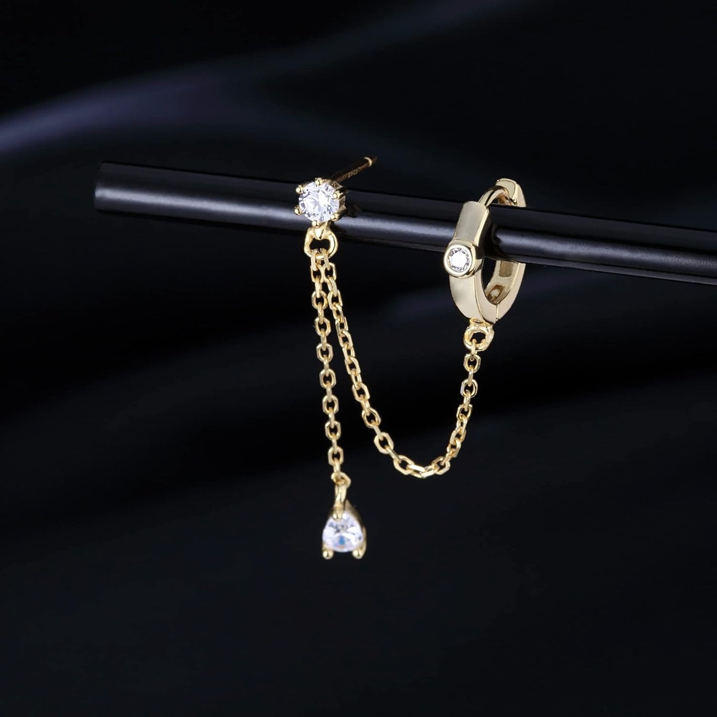 Sterling Silver Double Piercing Earrings - Huggie Hoops with Chain, Droplet Dangle Design for Women