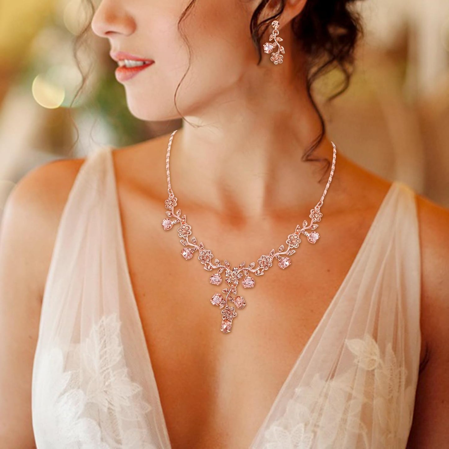 Bridal Jewelry Sets for Wedding Rhinestone Crystal Flower Leaf Costume Pendant Necklace Earrings Set for Women