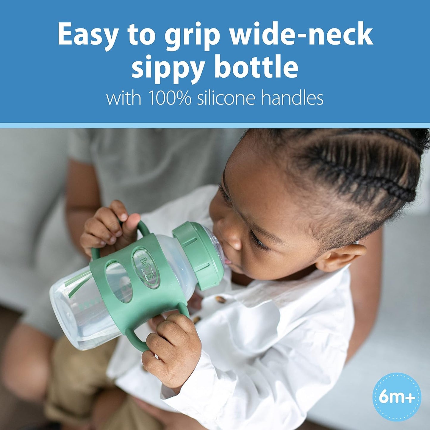 Milestones Wide-Neck Sippy Spout Bottle with 100% Silicone Handles, Easy-Grip Handles with Soft Sippy Spout, 9Oz/270Ml, Green & Gray, 2-Pack, 6M+