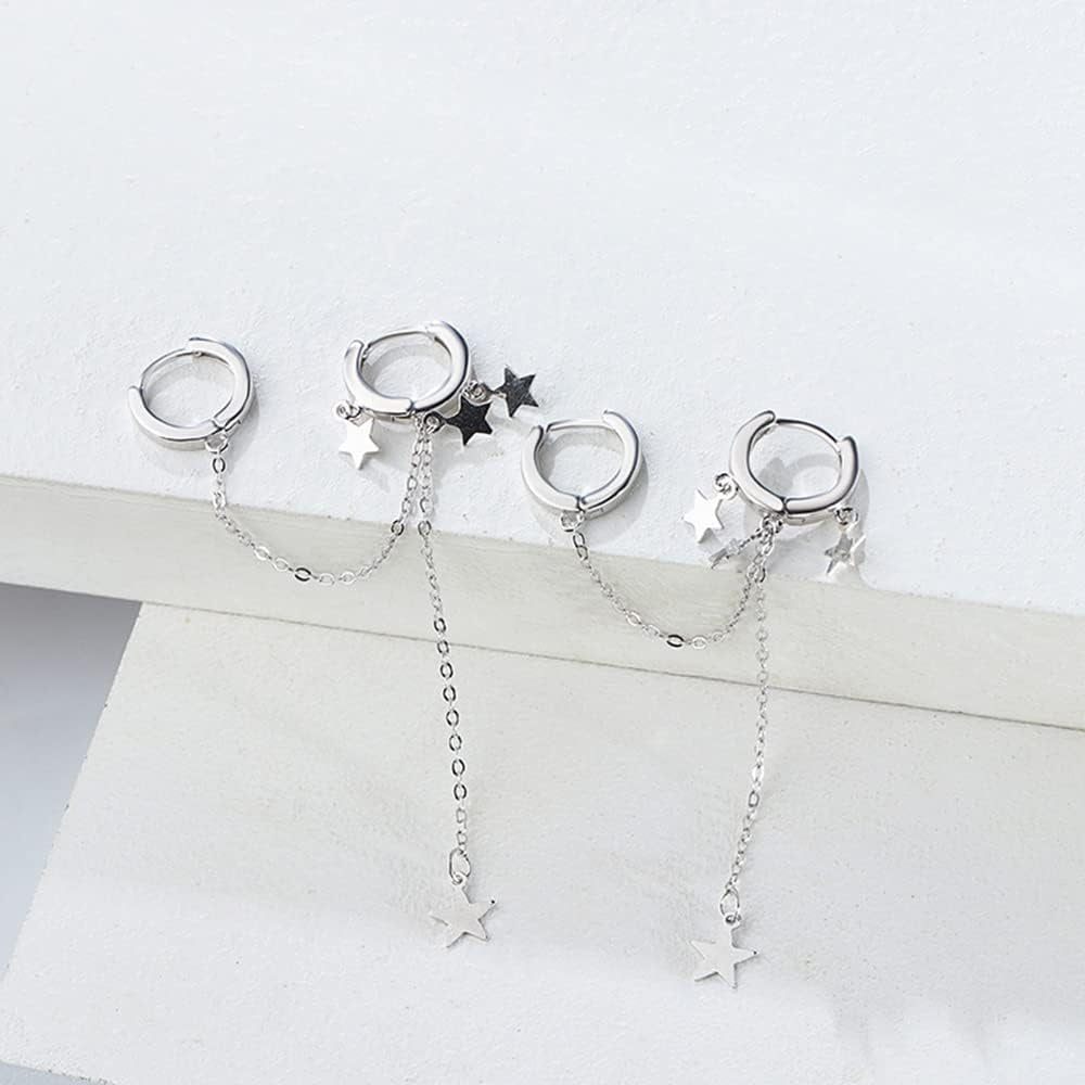 Star Double Piercing Ear Cuff 925 Sterling Silver Earrings CZ Dainty Dangle Drop Tassel Huggie Small Cartilage Hoop Chain Threader Crawler Climber Earrings for Women Teen Girls Sensitive Ear Two