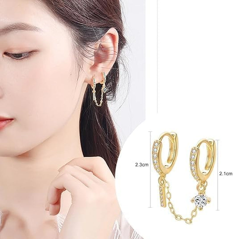Small Huggie Hoop Earrings for Women Double Piercing Earrings Gold Silver Dangle Chain Cubic Zirconia Stud Ear Cuff Earring Summer Jewelry 