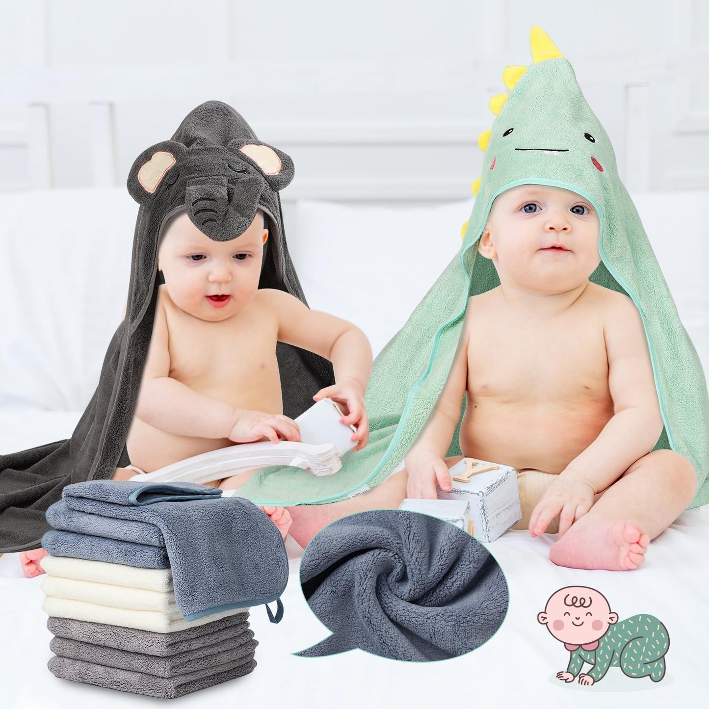 31X31 Inch Baby Hooded Towels, 12Pcs Bath Towels for Boys, Washcloth Set with Cute Design, Shower Towel Gift for Newborns, Infants and Toddlers