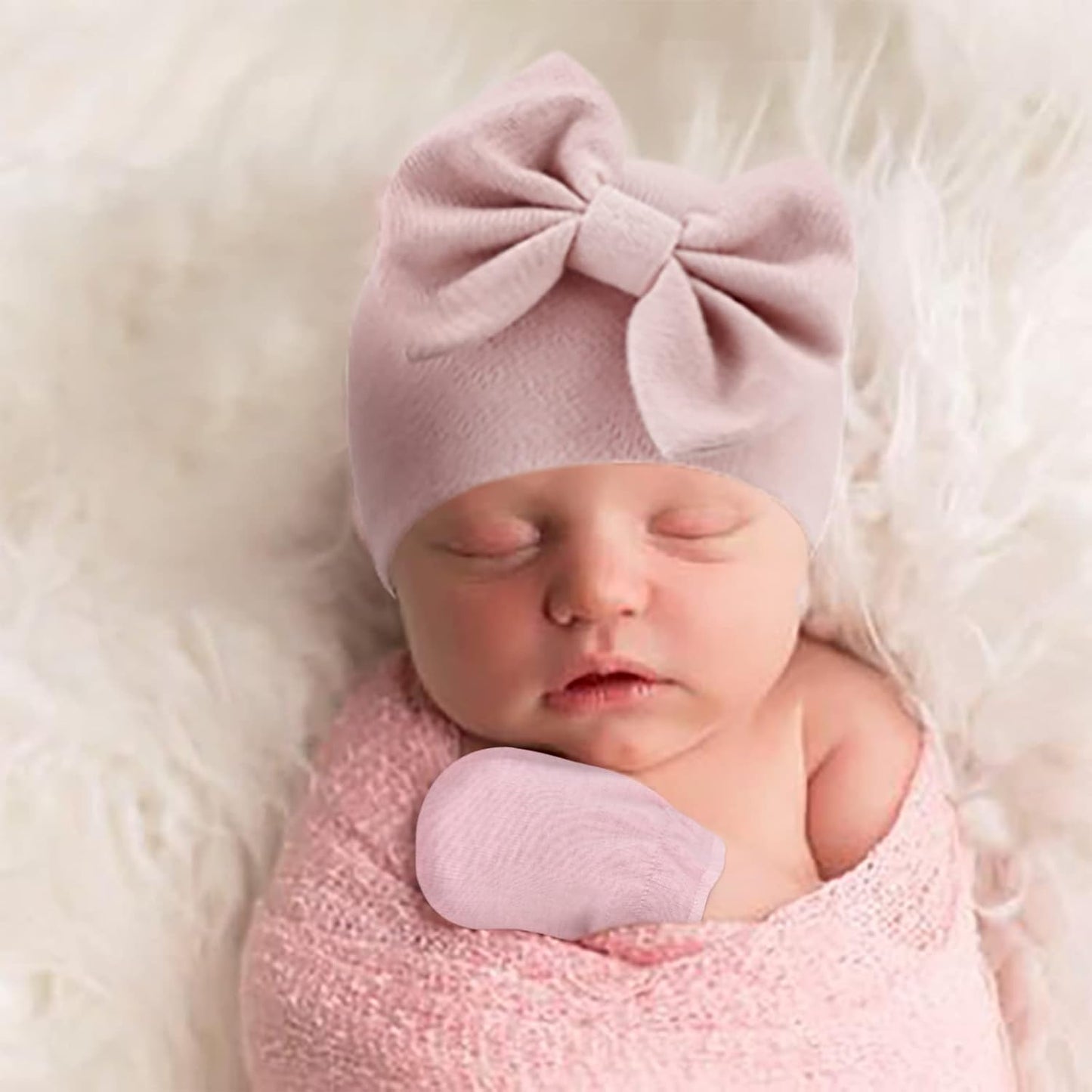 BQUBO Newborn Baby Girls Hats Mittens Set Hospital Hat Beanie Infant Bow Hats Baby Cotton Gloves for 0-6 Months