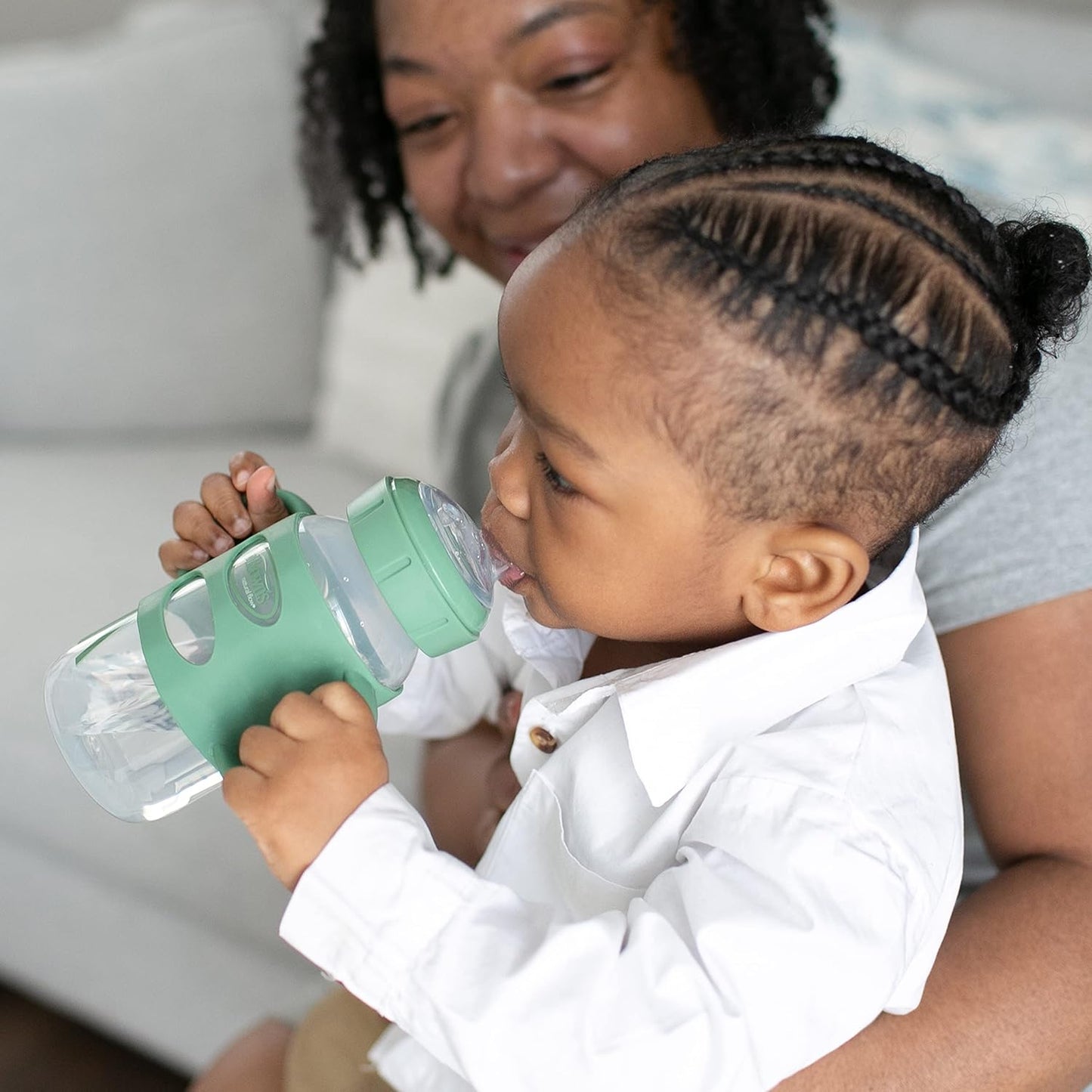 Milestones Wide-Neck Sippy Spout Bottle with 100% Silicone Handles, Easy-Grip Handles with Soft Sippy Spout, 9Oz/270Ml, Green & Gray, 2-Pack, 6M+