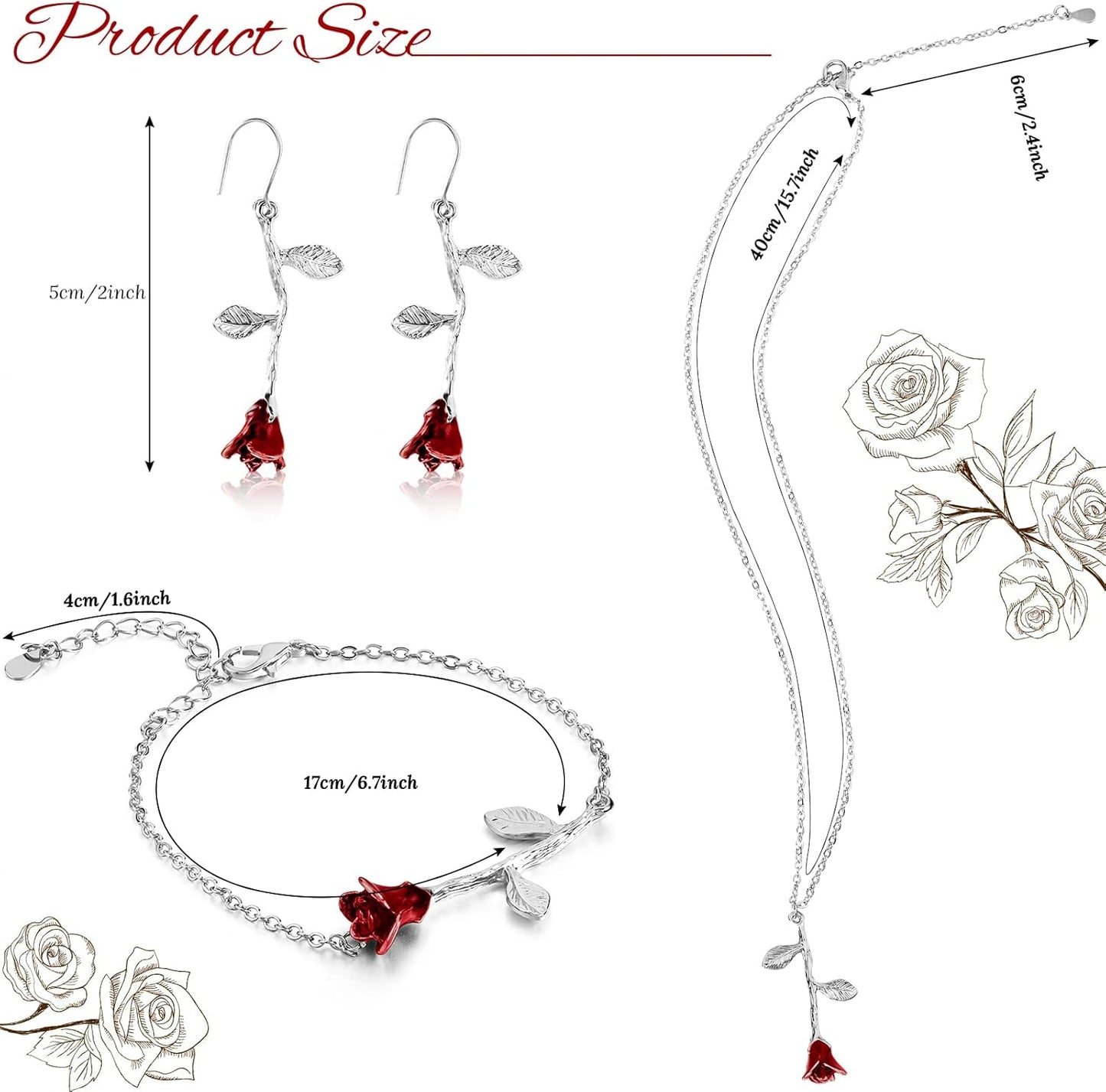 18K Gold Plated Jewelry Set Rose Necklace Bracelet Earrings Red Rose Flower Pendant for Christmas Gift Women