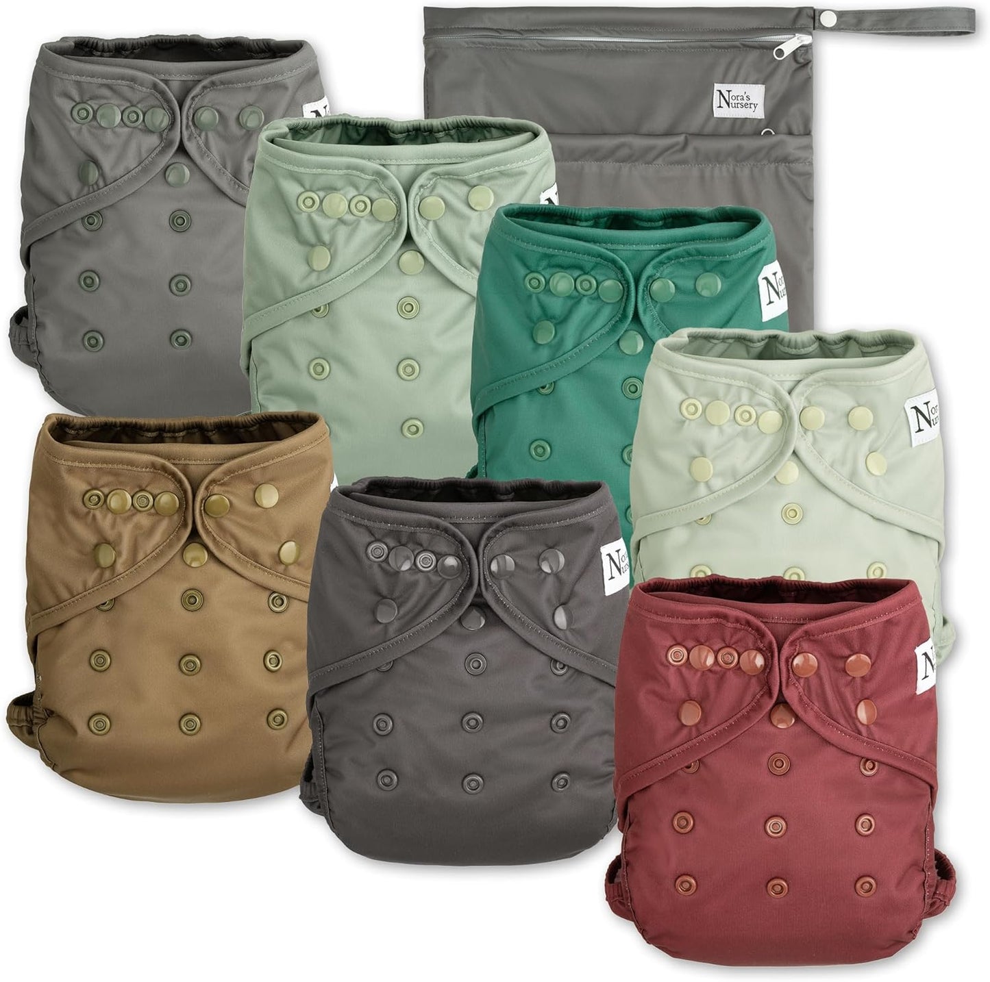Cloth Diaper Cover, Washable Reusable Diaper Cover with Snap Closure, Flat or Fitted - 7 Pack with Wet Bag - Hickory