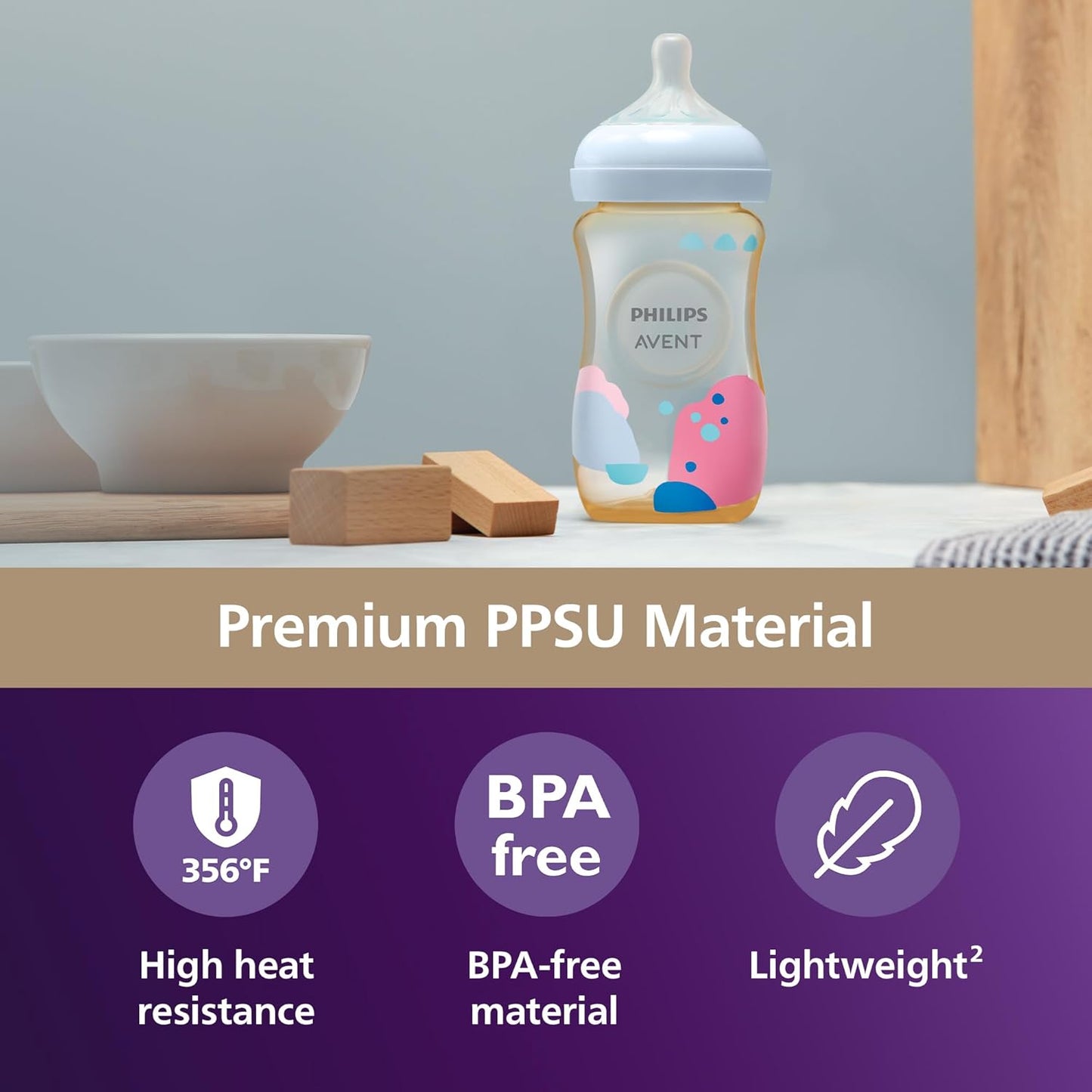 Philips PPSU Natural Baby Bottles with Medium Flow Nipples (Flow 3), 9Oz, with Decoration, 2-Pack, SCY943/02
