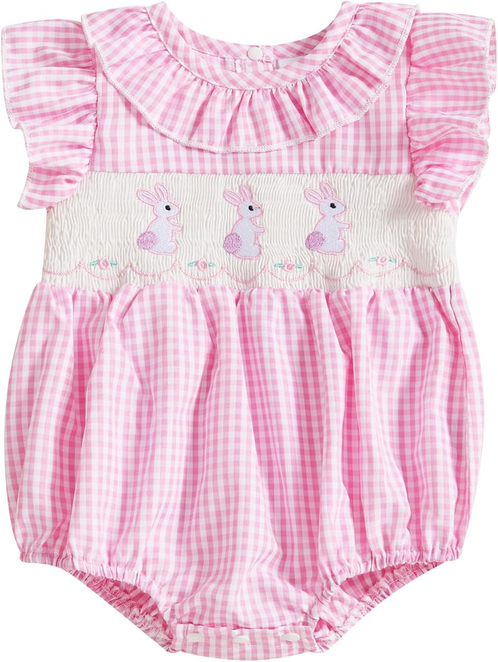 Newborn Baby Girl Smocked Romper Embroidery Peter Pan Collar Ruffle Sleeve Bubble Bodysuit Summer Outfit