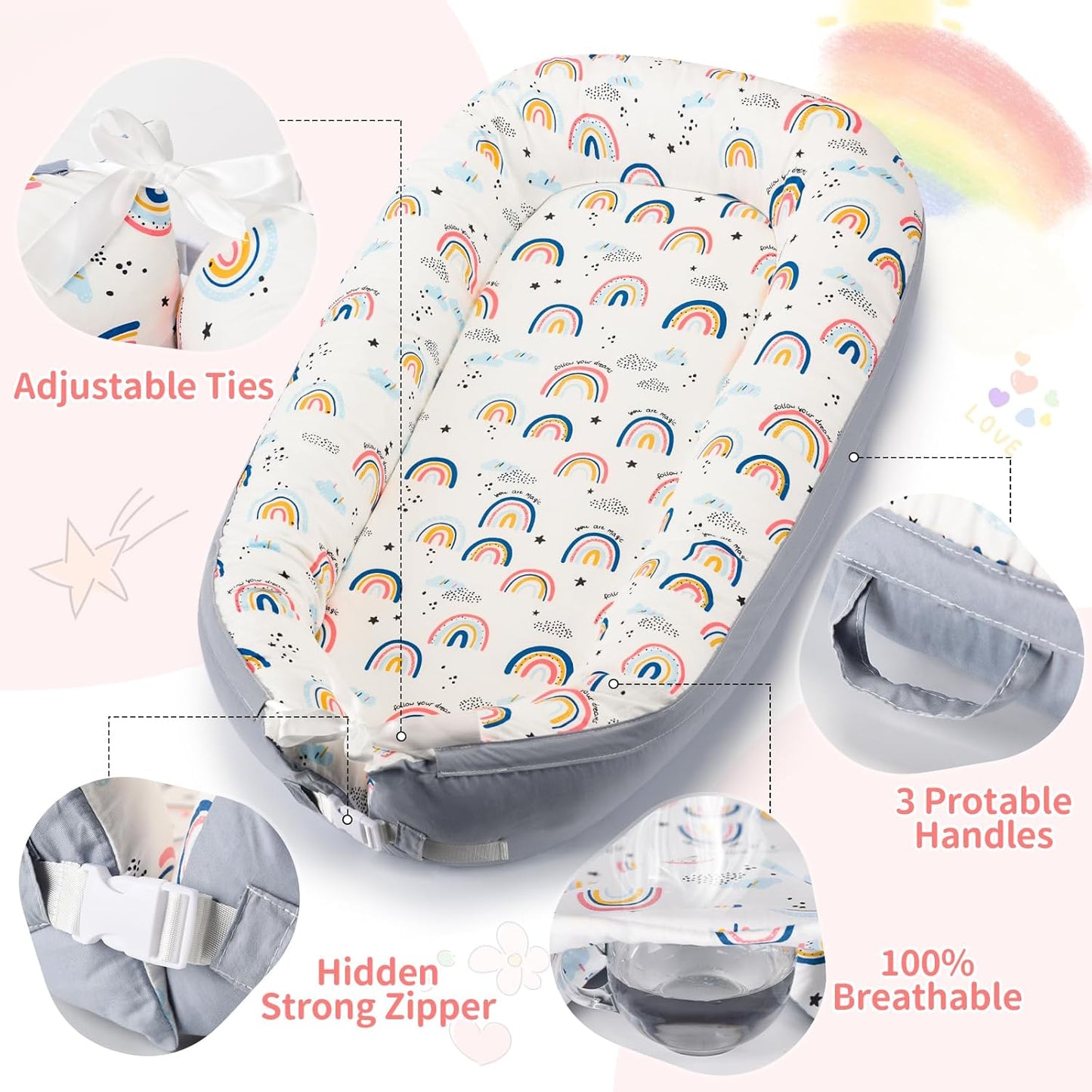 Baby Lounger- Baby Nest for 0-24 Months, Ultra Soft Organic Cotton Breathable & Portable Baby Lounger, Baby Lounger Pillow for Newborn (Rainbow)