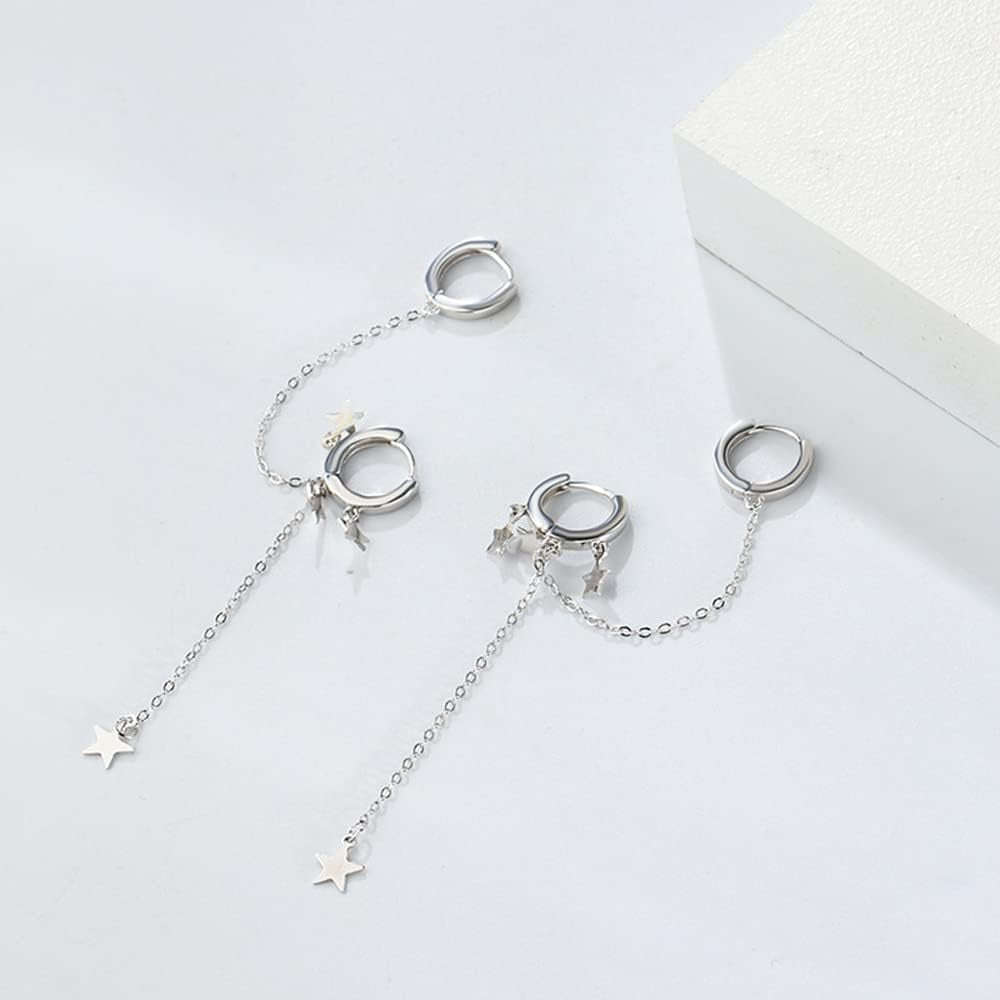 Star Double Piercing Ear Cuff 925 Sterling Silver Earrings CZ Dainty Dangle Drop Tassel Huggie Small Cartilage Hoop Chain Threader Crawler Climber Earrings for Women Teen Girls Sensitive Ear Two