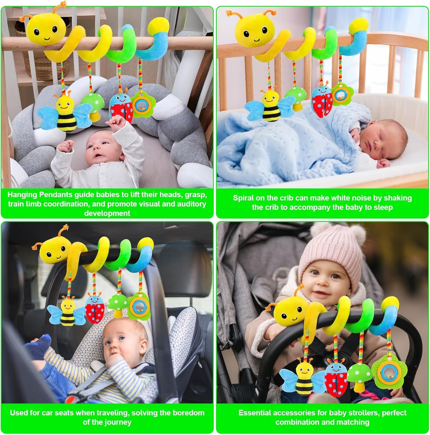 Car Seat Toys for Babies 0-6 Months Upgraded Version Spiral Car Seat & Stroller Activity Toy, Soft Plush Hanging Toys with Rattles, Best Gift for Ages 0 and Up