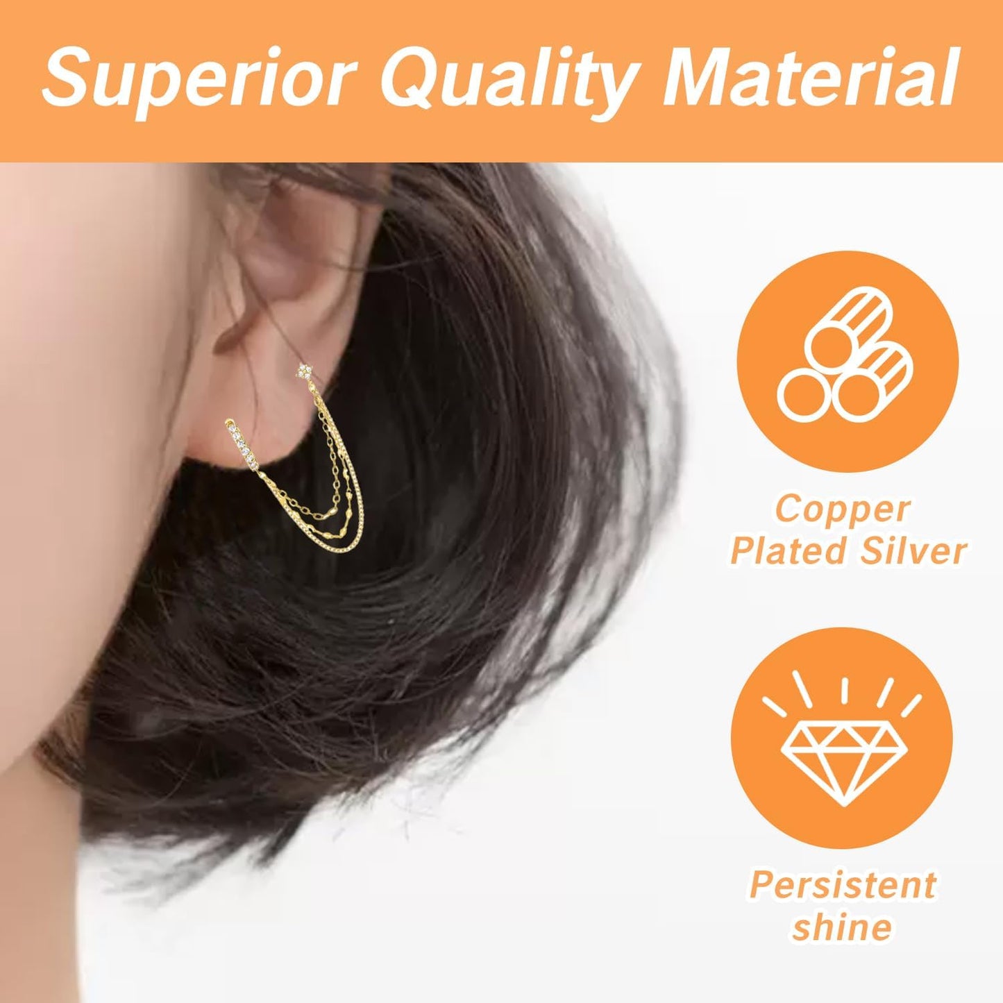 Chain Earrings for Double Piercing Gold Dangle Earring Set with 3 Chains Connected Stud for Pierced Ears Hoop Earrings for Women Two Holes Piercings Flower Stud and Chain Jewelry
