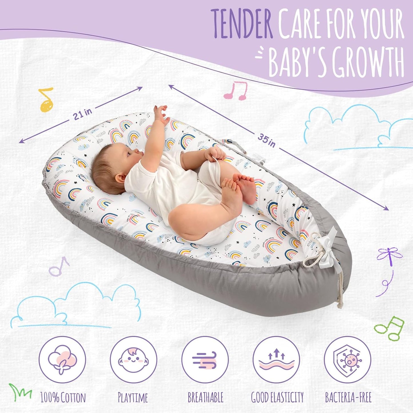 Baby Lounger for Newborn, Detachable Mosquito - Newborn Lounger Cover for 0-24 Months, Breathable & Portable Infant Lounger - Soft Baby Floor Seat Cover for Travel, Newborn Essentials - Grey