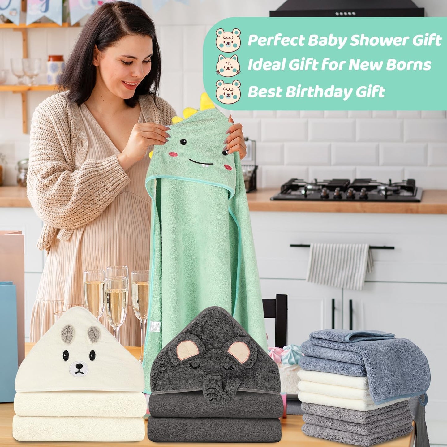 31X31 Inch Baby Hooded Towels, 12Pcs Bath Towels for Boys, Washcloth Set with Cute Design, Shower Towel Gift for Newborns, Infants and Toddlers