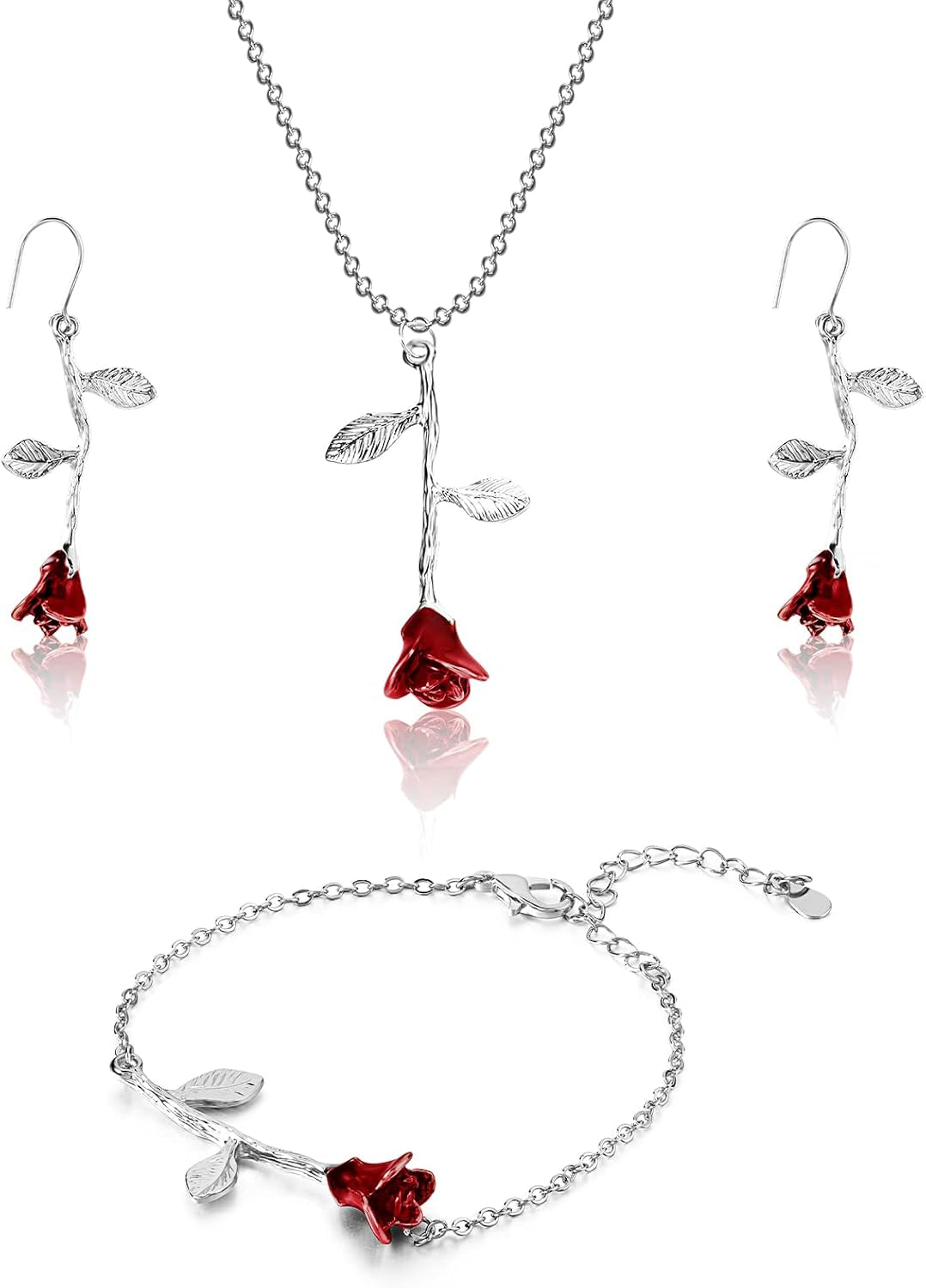 18K Gold Plated Jewelry Set Rose Necklace Bracelet Earrings Red Rose Flower Pendant for Christmas Gift Women