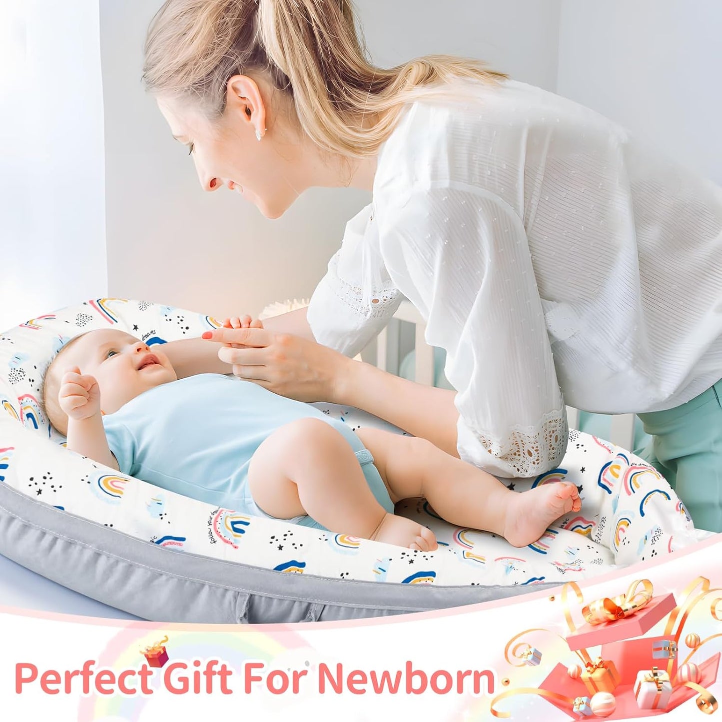 Baby Lounger- Baby Nest for 0-24 Months, Ultra Soft Organic Cotton Breathable & Portable Baby Lounger, Baby Lounger Pillow for Newborn (Rainbow)