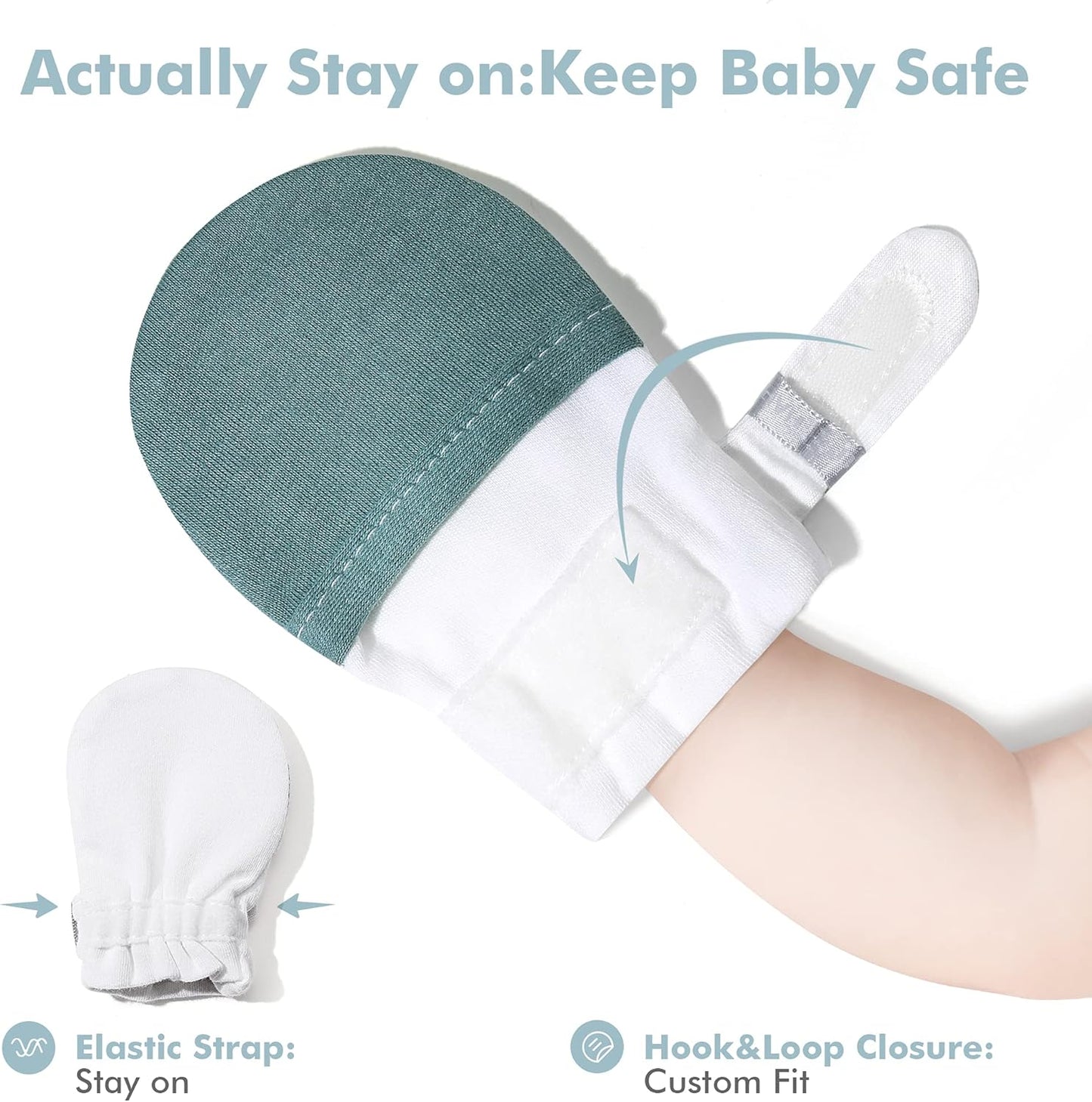 Baby No Scratch Mittens Stay On, 100% Cotton Breathable, Adjustable Infant Gloves for Boys Girls, Newborn - 12 M